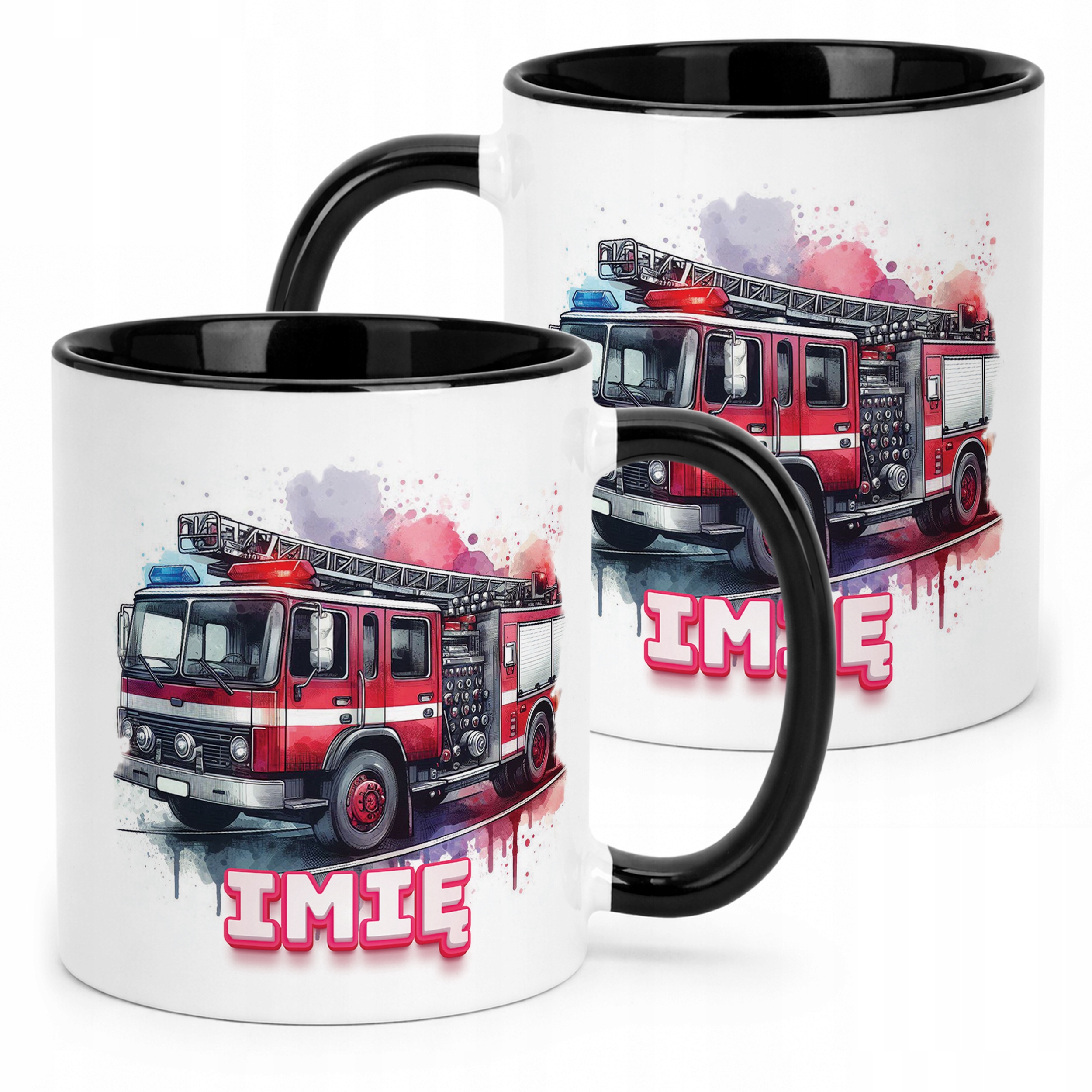 Kubek Czarny Personalizowany Dla Strażaka Wóz Strażacki Prezent