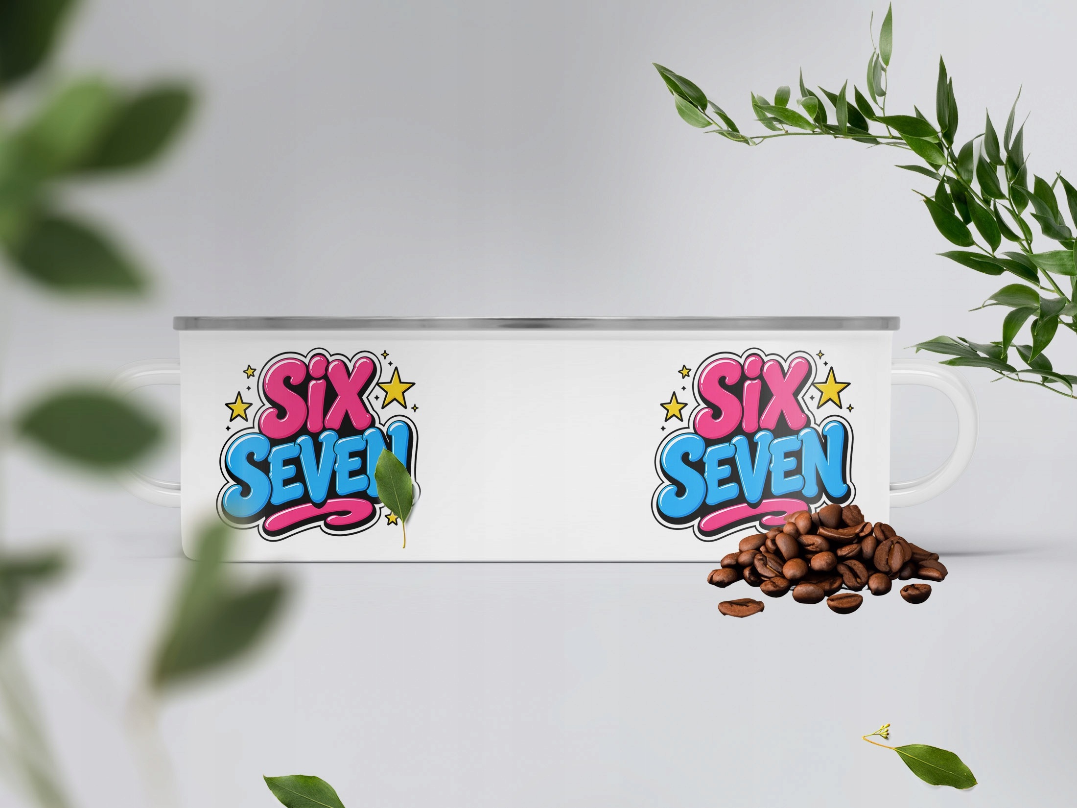 Kubek Emaliowany SIX SEVEN z Nadrukiem Biały Metalowy Prezent