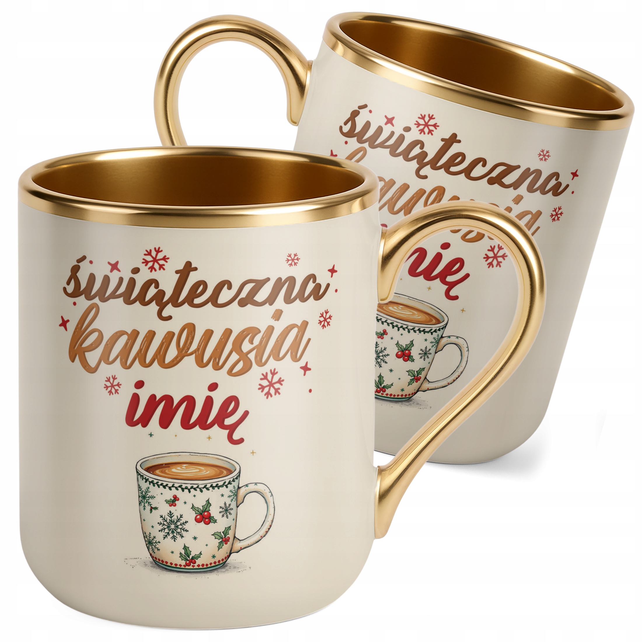 Kubek Premium Złoty Ecru Personalizowany Świąteczna Kawusia Prezent
