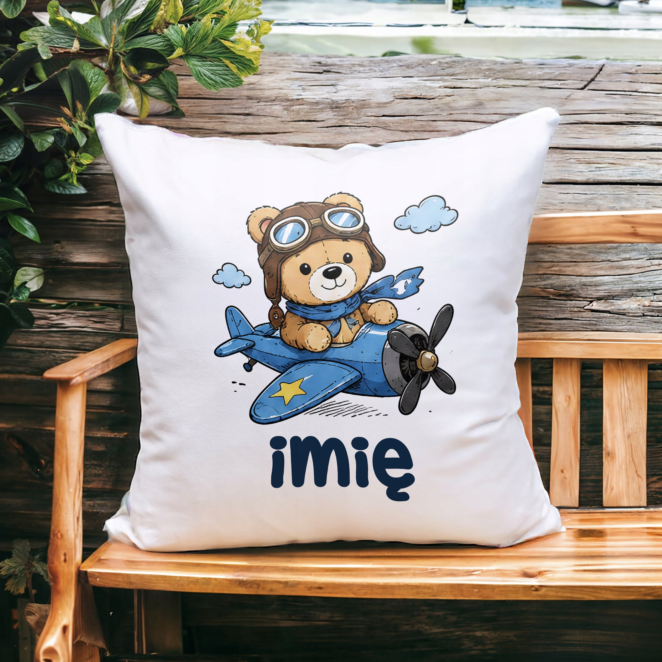 Zestaw Personalizowany Kubek Czarny Poduszka Miś w samolocie Prezent