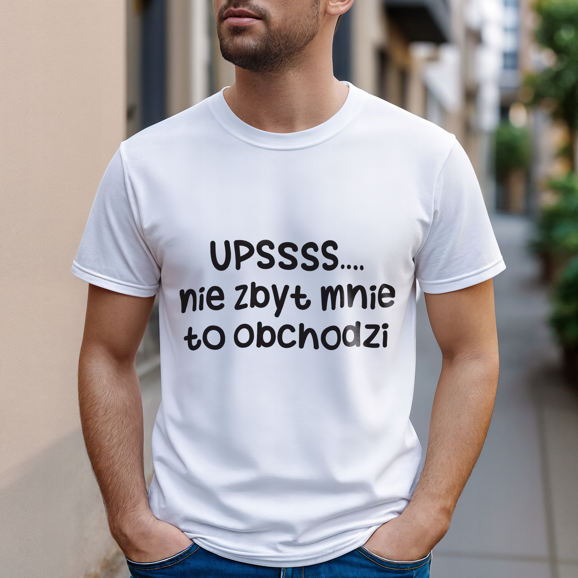Koszulka biała męska Ups Nie Zbyt Mnie To Obchodzi Prezent