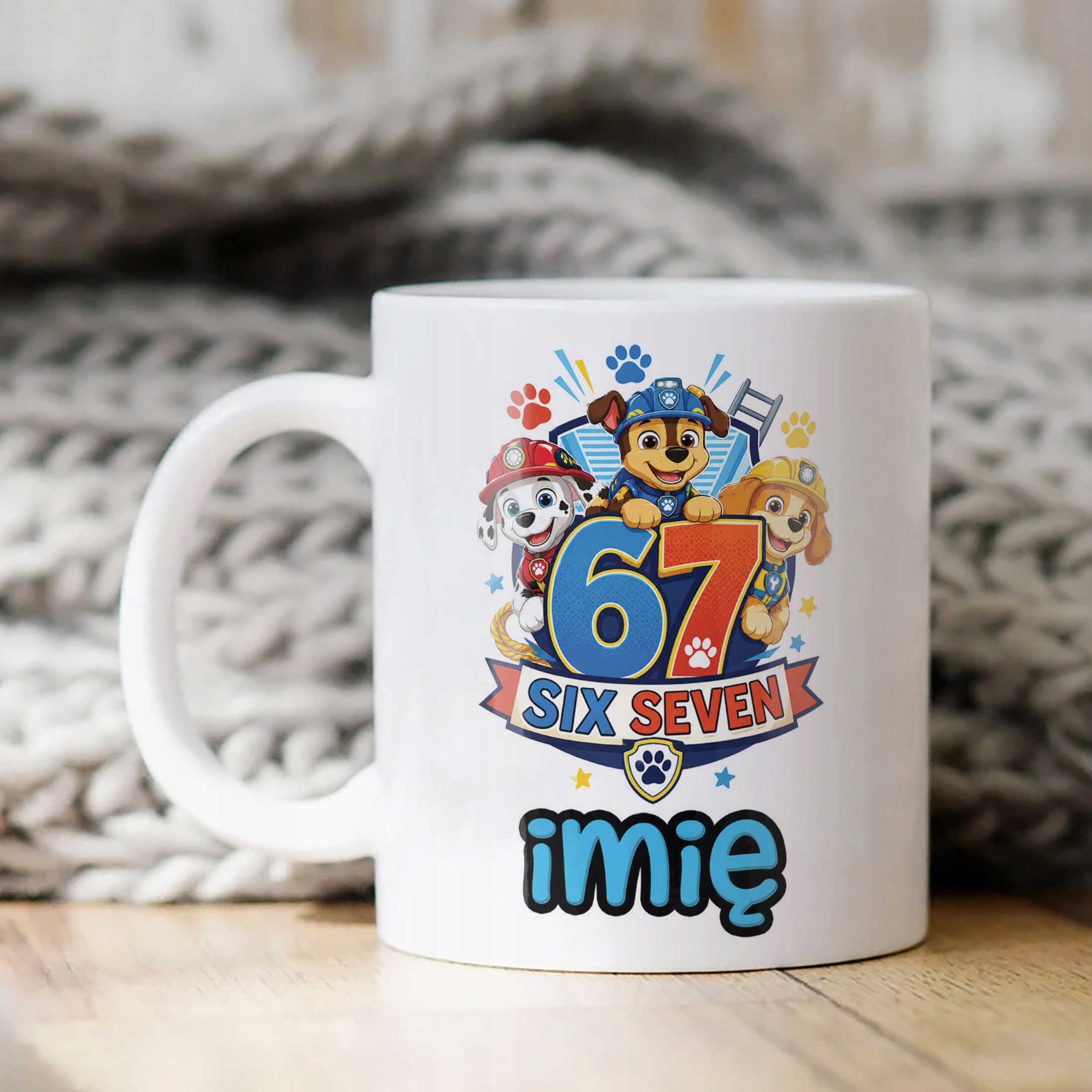 Biały Kubek z nadrukiem personalizowany 67 Pies Strażak Dla Dzieci Prezent