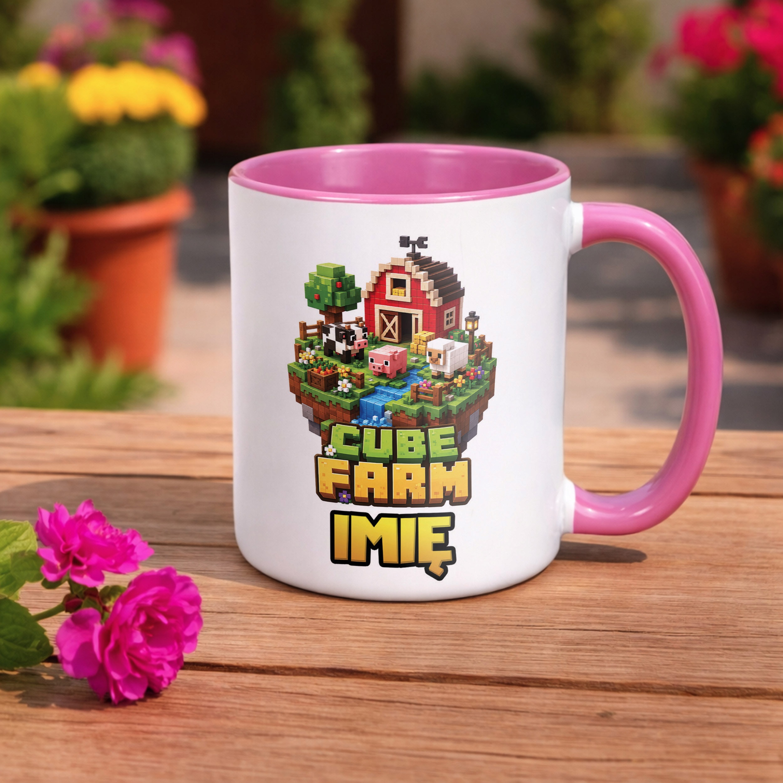 Zestaw Personalizowany Kubek Różowy Poduszka gra Cube Farm Prezent