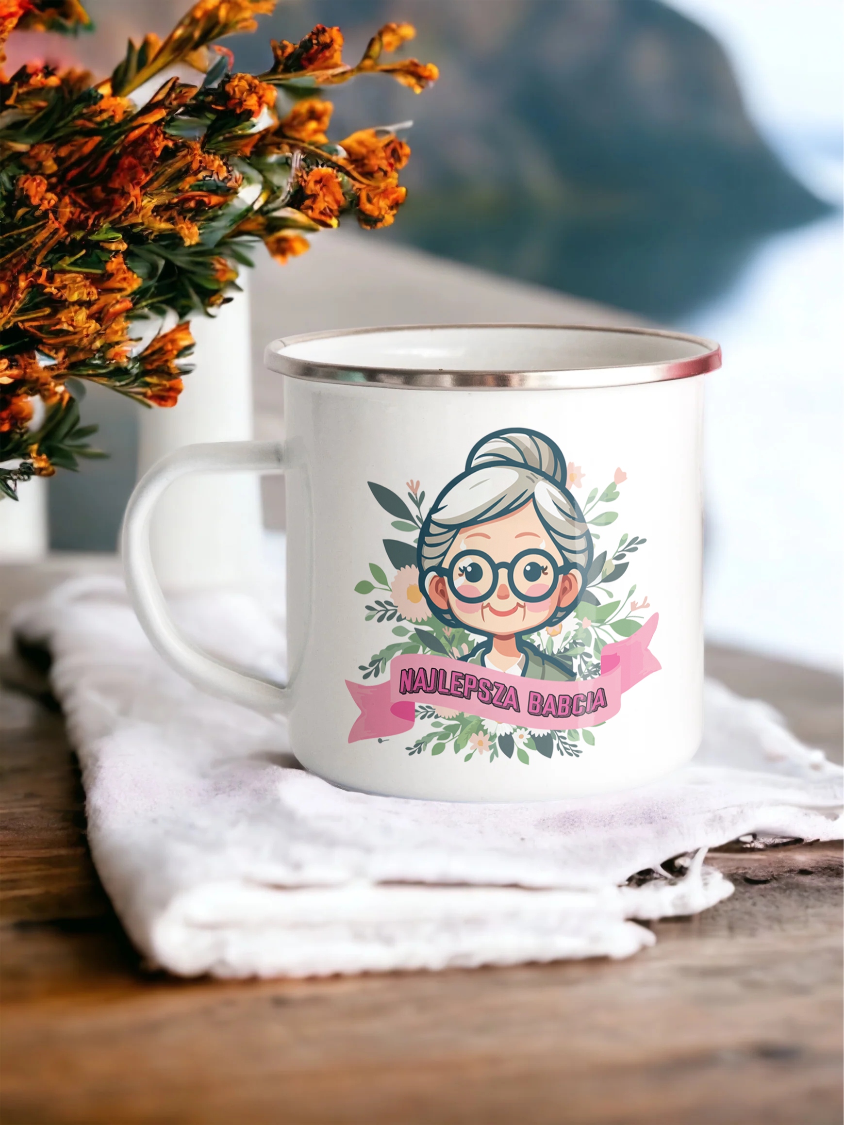 Emaliowany Kubek Garnuszek 300 ml Dzień Babci Prezent Najlepsza Babcia