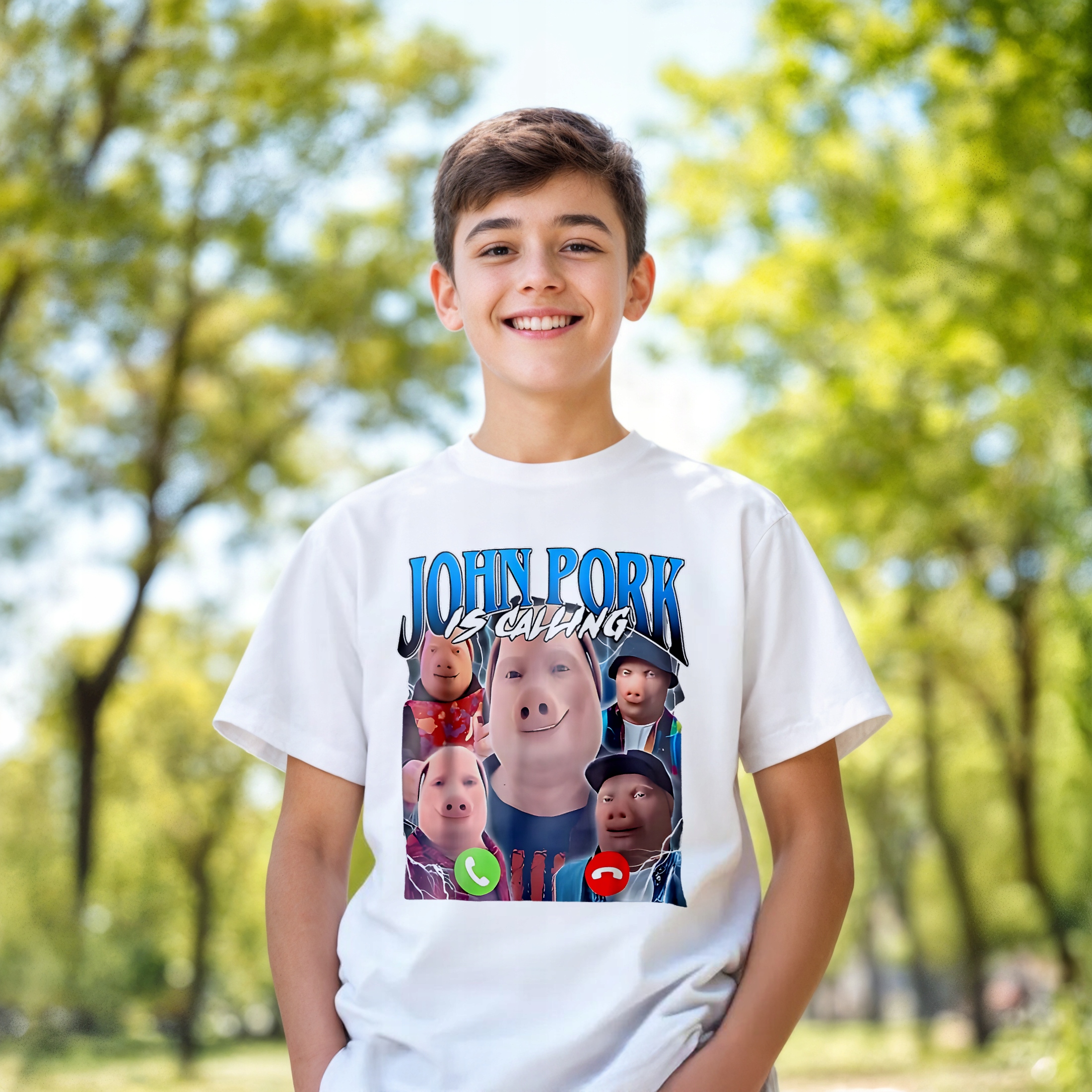 Koszulka biała dziecięca John Pork Calling viral tiktok brainrot mem r. 116