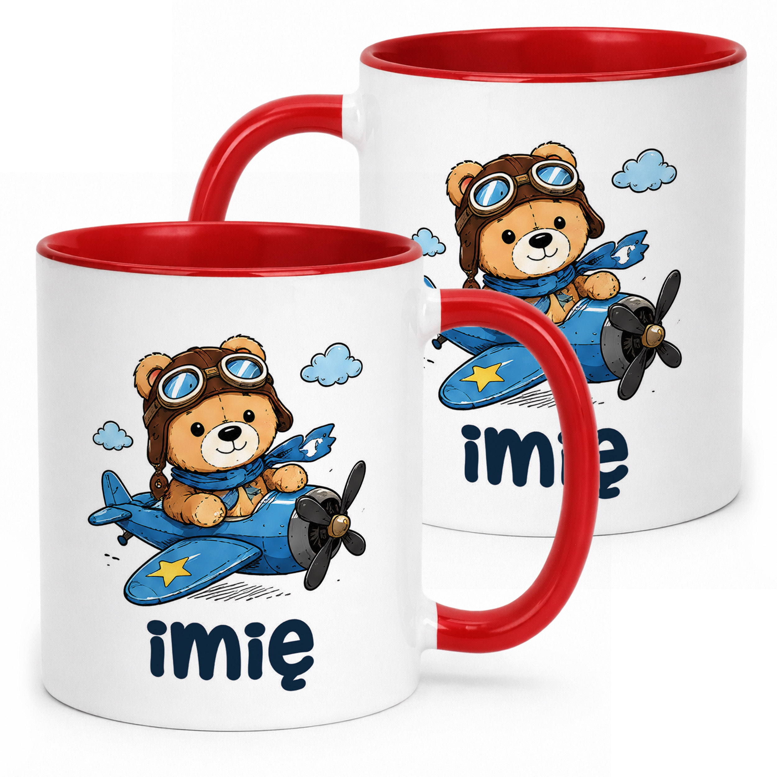 Kubek Czerwony z nadrukiem personalizowany Uroczy Miś Pilot Dla Dzieci