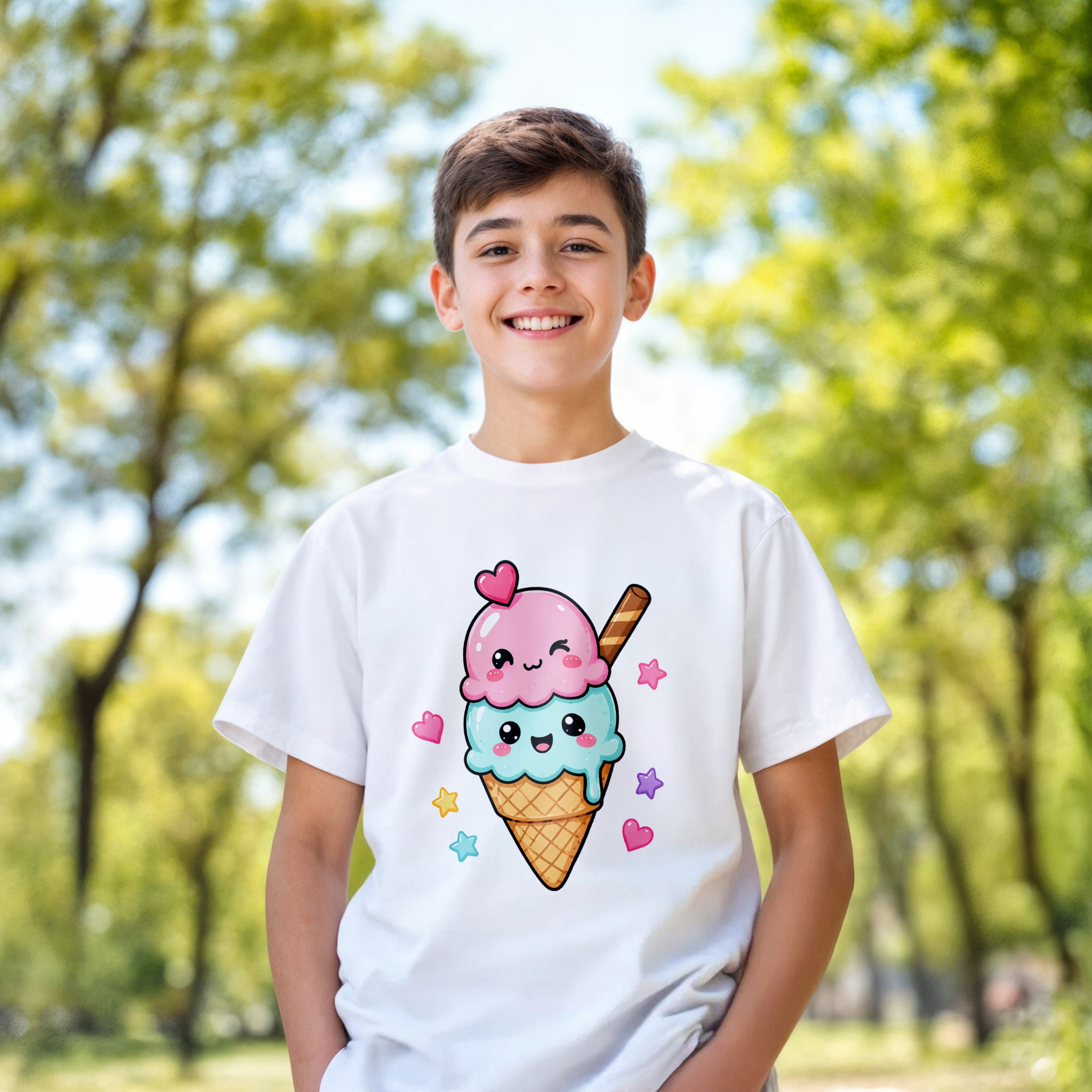 Koszulka Dziecięca Biała Z Nadrukiem Kawaii lody w Dla Dzieci r. 116