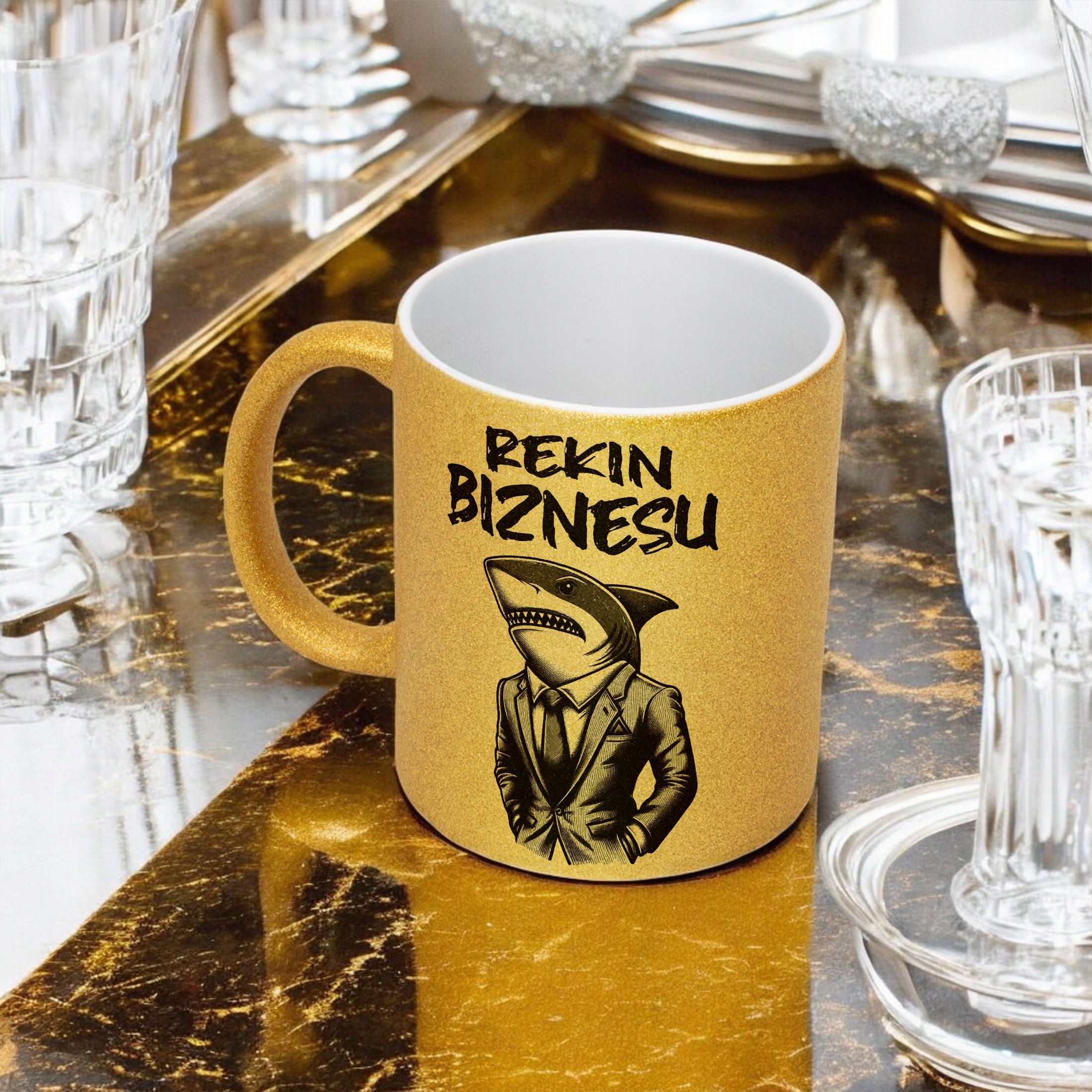 Złoty kubek brokatowy Rekin Biznesu Prezent Praca Dla Rekina Biznesu