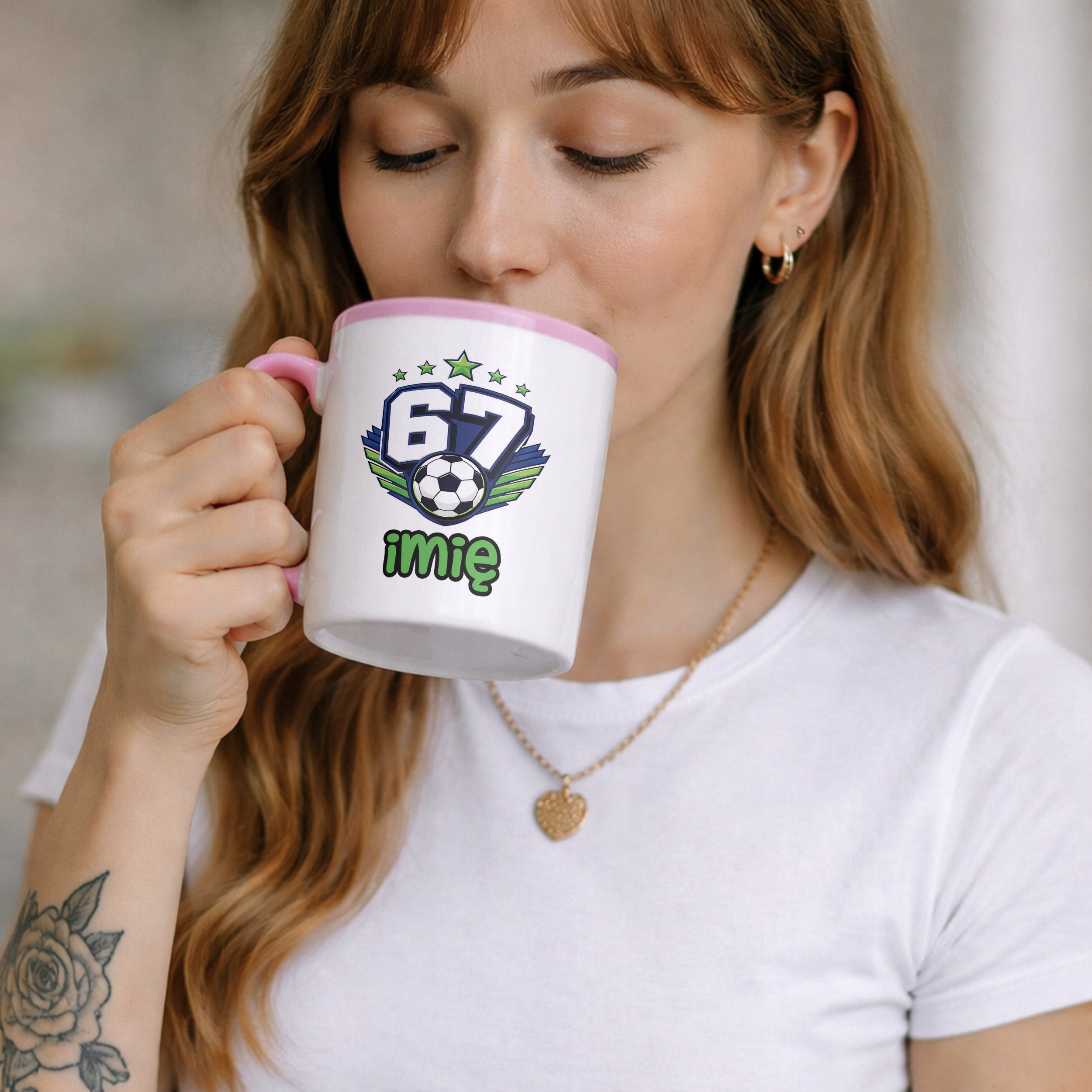 Zestaw Personalizowany Kubek Różowy Poduszka Piłka nożna Six Seven