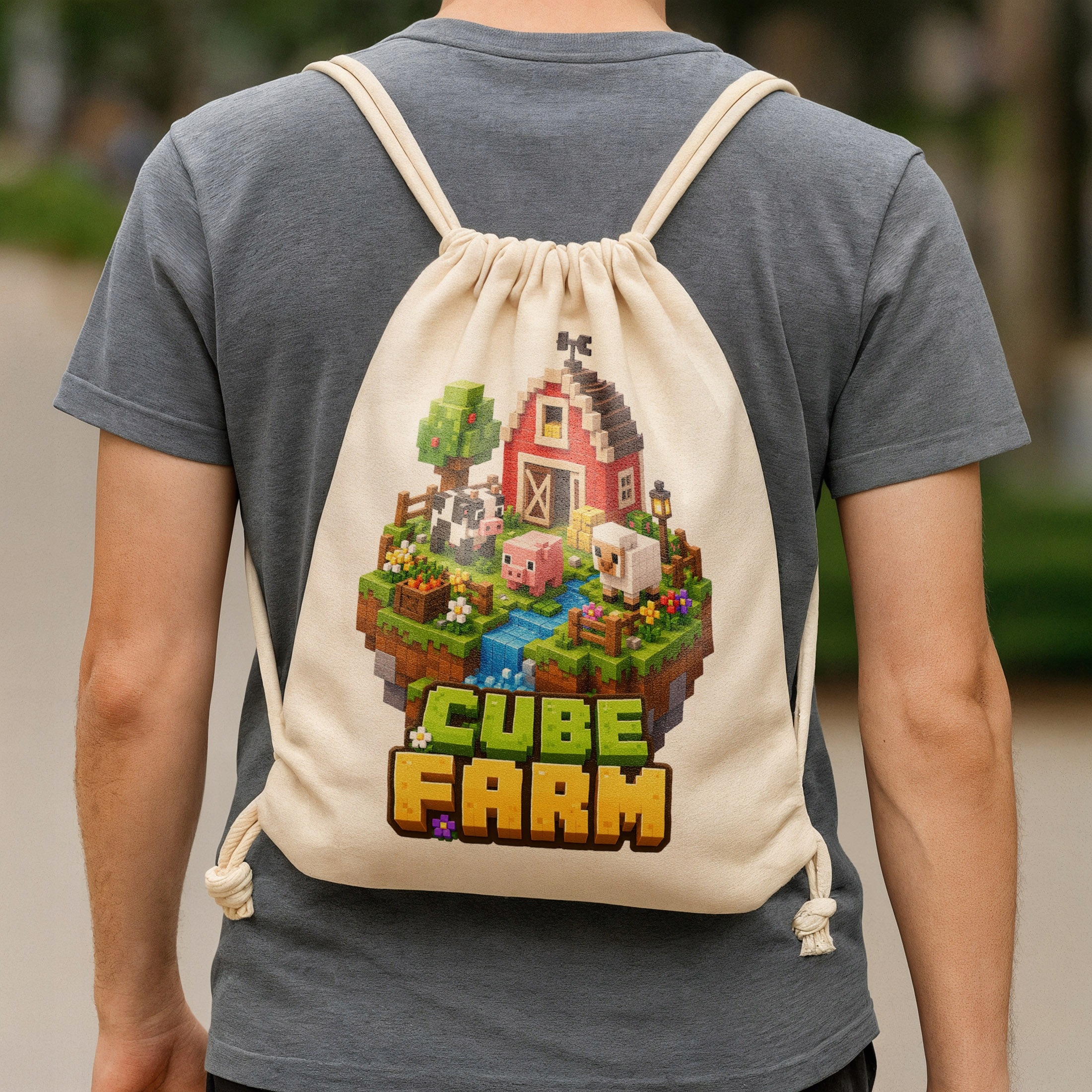 Plecak Worek CUBE FARM z Nadrukiem Bawełniany Szkolny na Buty Ecru