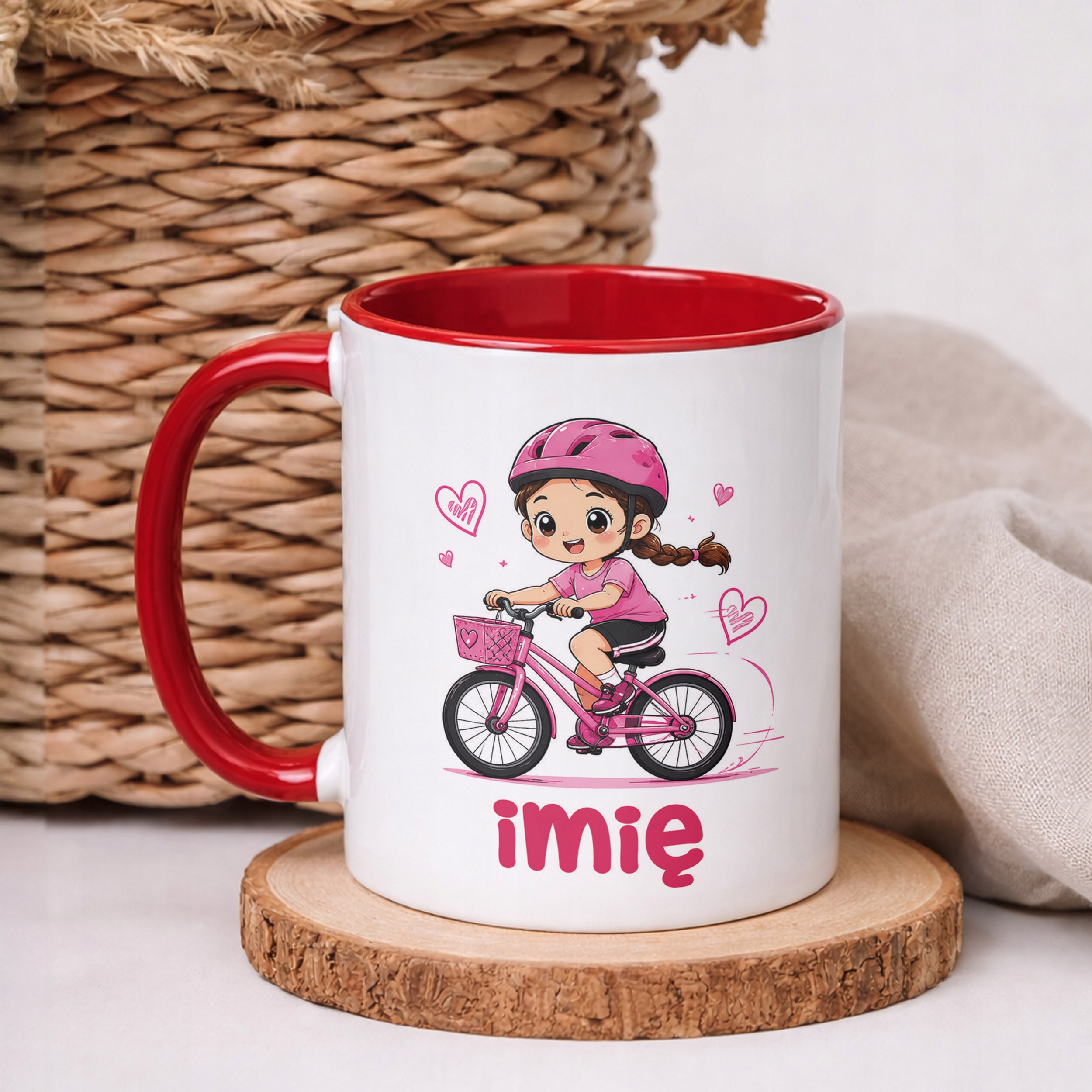 Kubek Czerwony z nadrukiem personalizowany Rower Dziewczynka Dla Dzieci