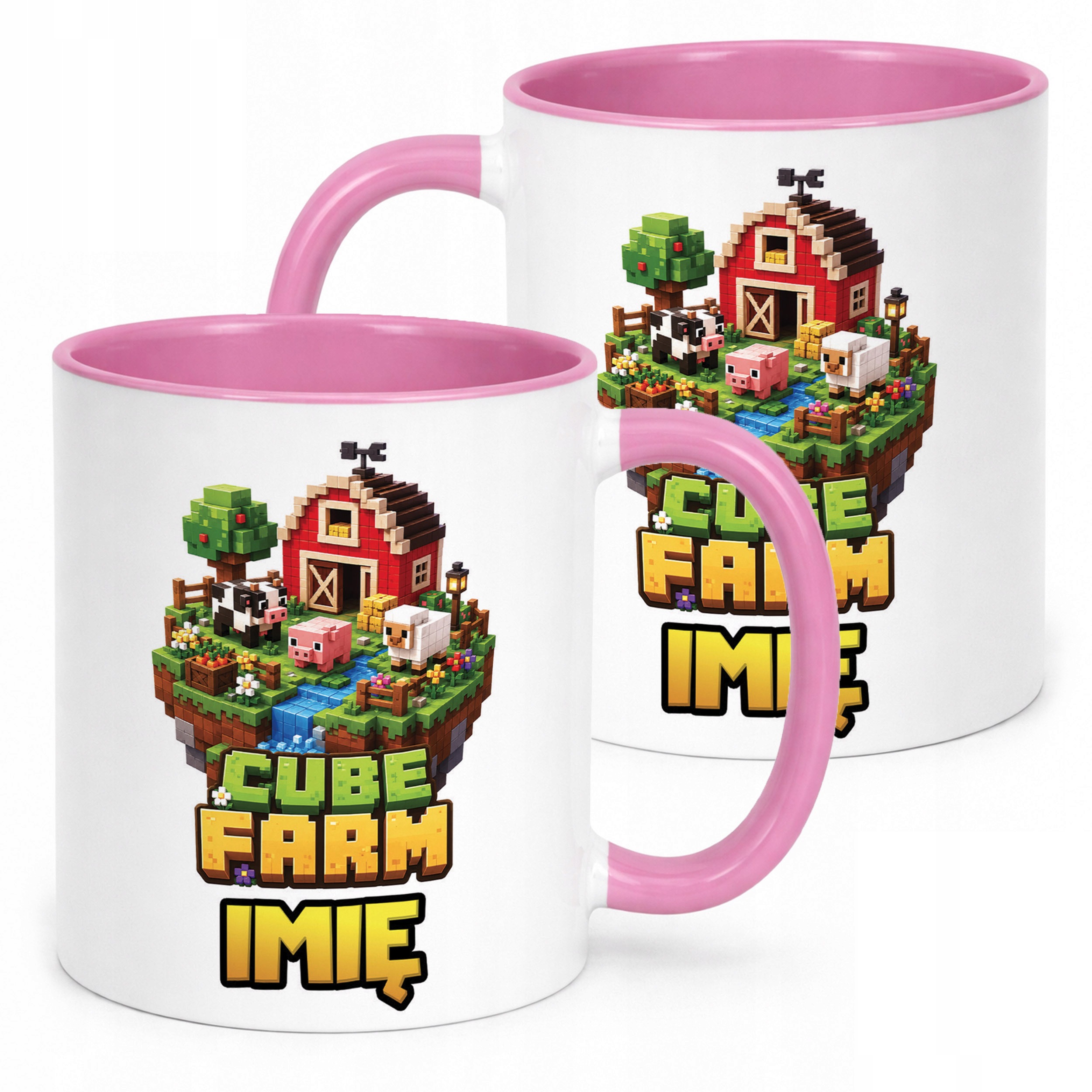 Kubek Różowy z nadrukiem personalizowany CUBE FARM Dla Dzieci Prezent