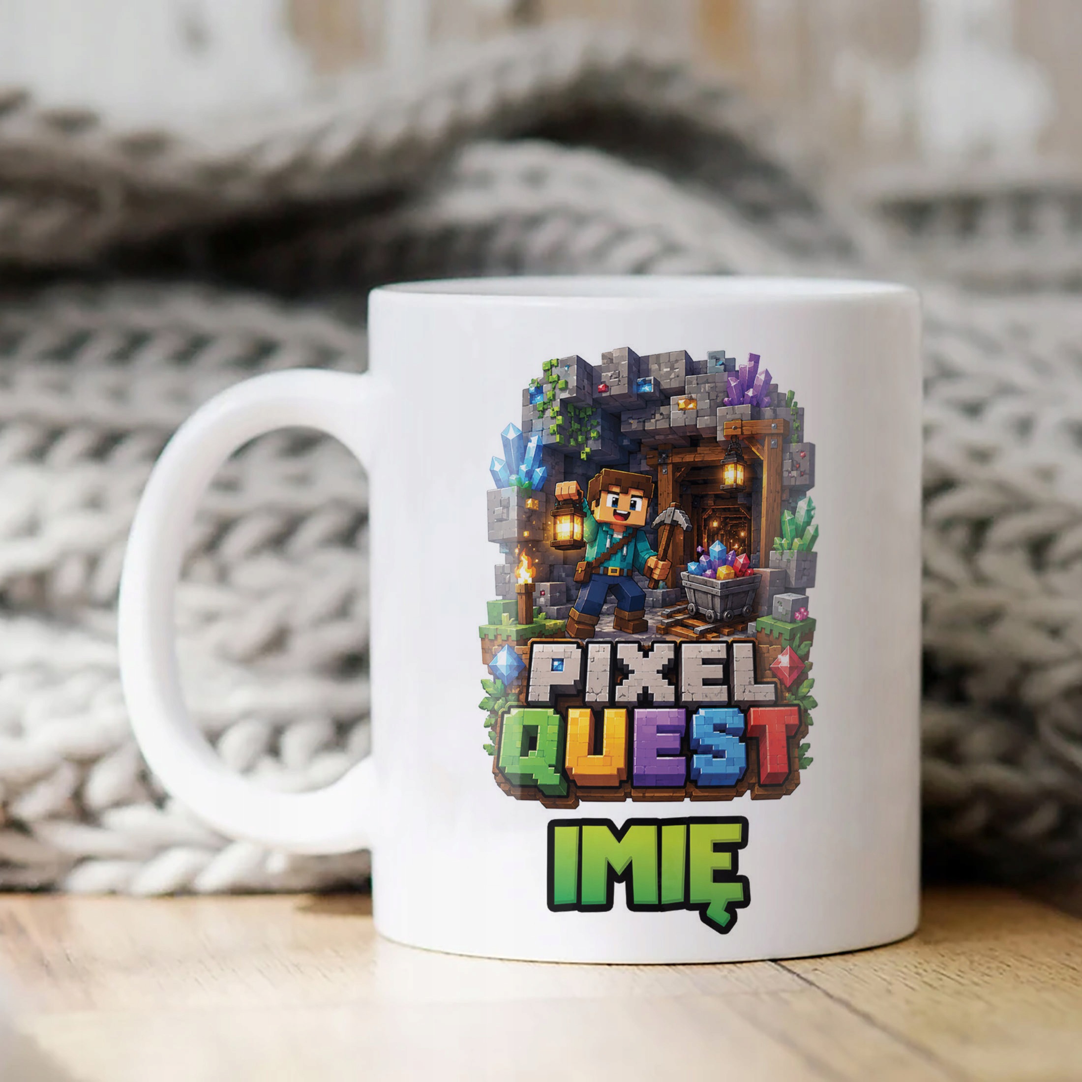 Biały Kubek z nadrukiem personalizowany PIXEL Gra Dla Dzieci Prezent