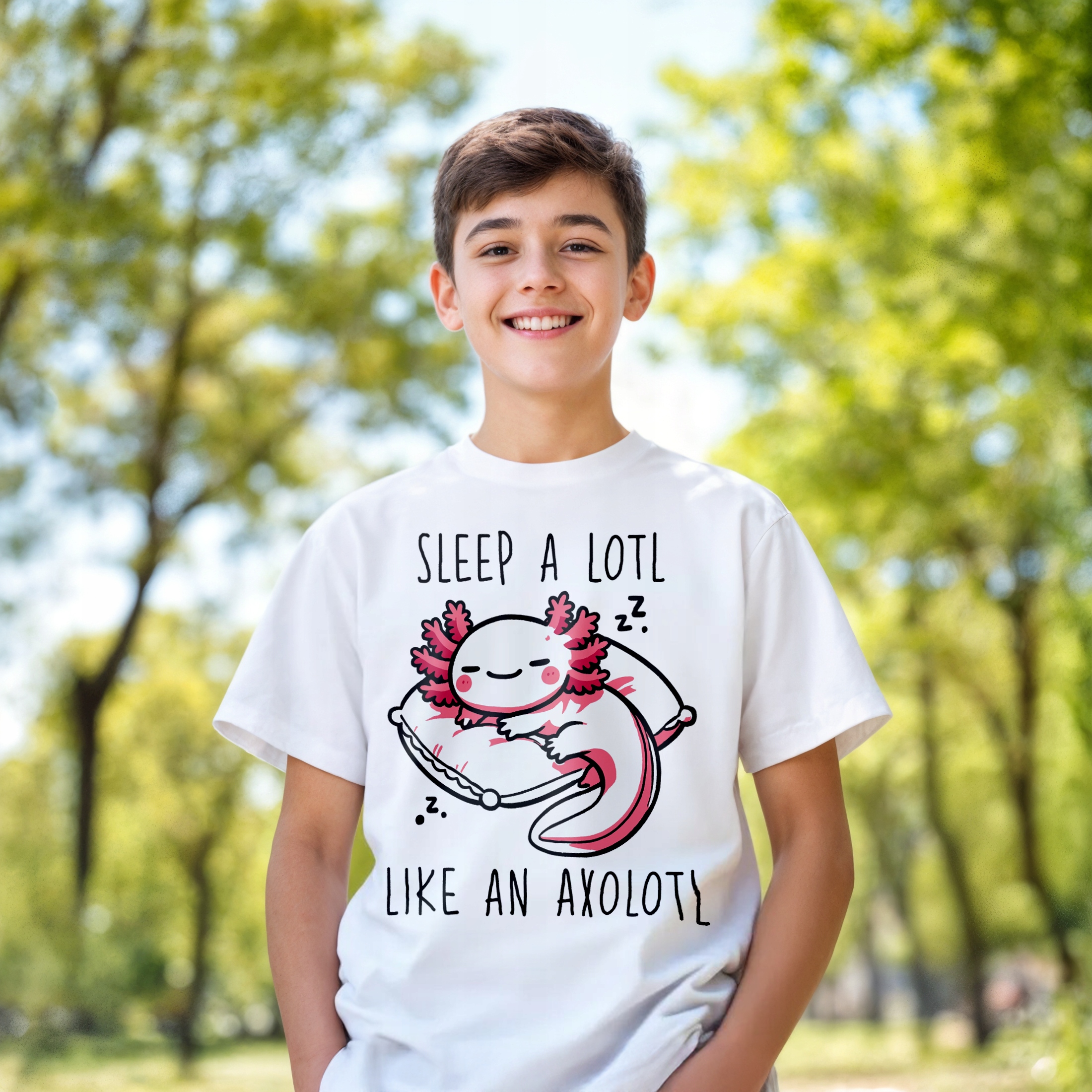 T-shirt dziecięcy biały Aksolotl Axolotl Uśmiechnięty Różowy