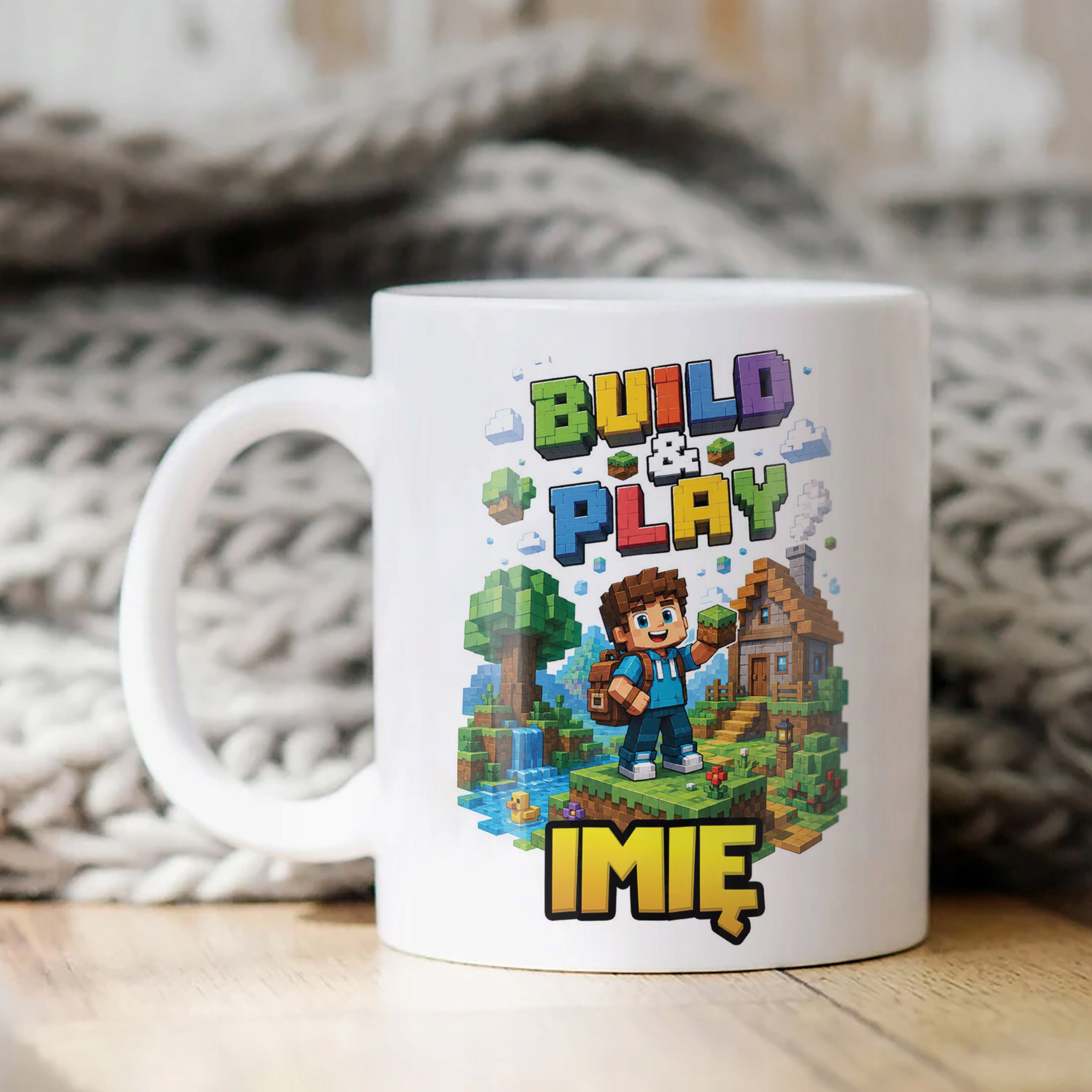 Biały Kubek z nadrukiem personalizowany 67 Piksele Gra Dla Dzieci Prezent