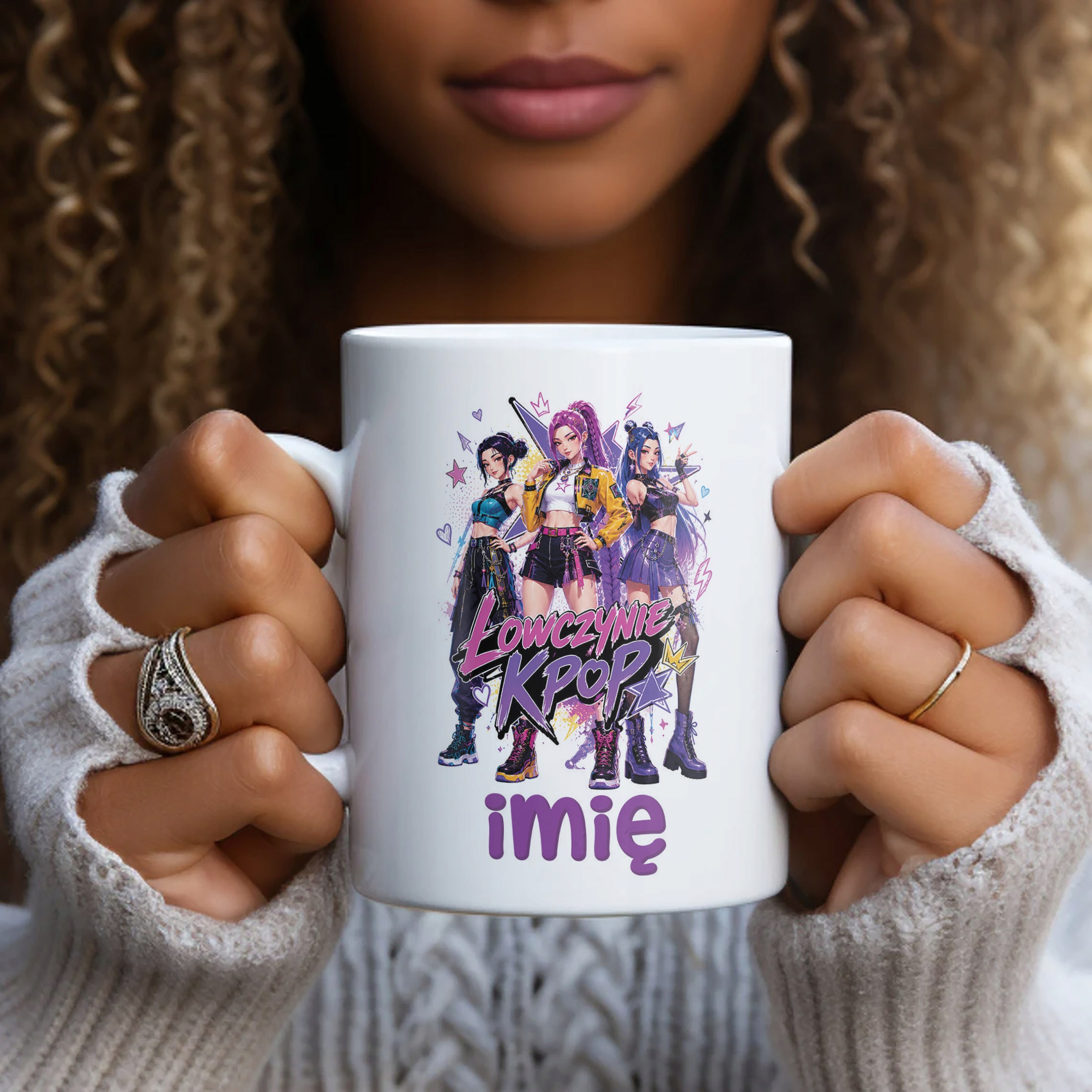 Biały Kubek z nadrukiem personalizowany ŁOWCZYNIE KPOP Dla Dzieci Prezent