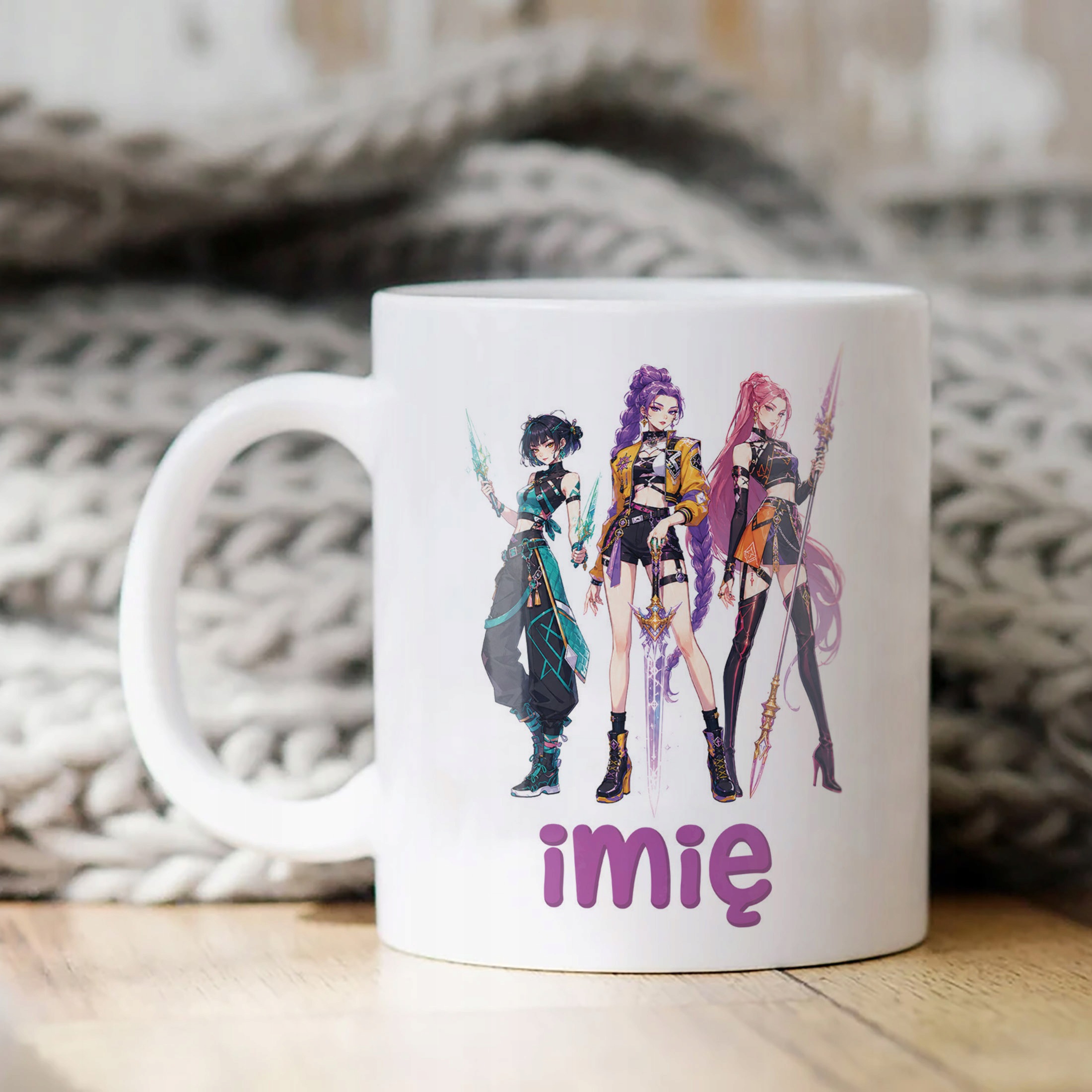 Biały Kubek z nadrukiem personalizowany ŁOWCZYNIE KPOP Dla Dzieci Prezent