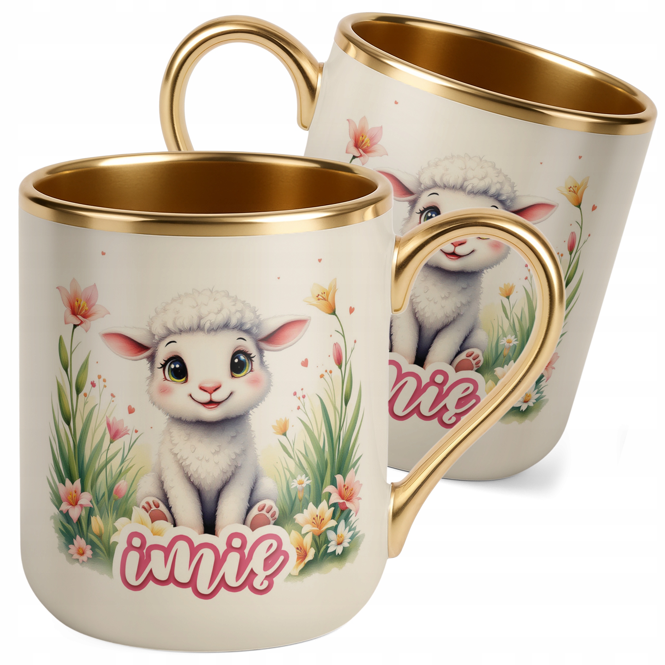 Kubek Premium Złoty Ecru Personalizowany Wielkanoc Prezent Baranek Wiosna