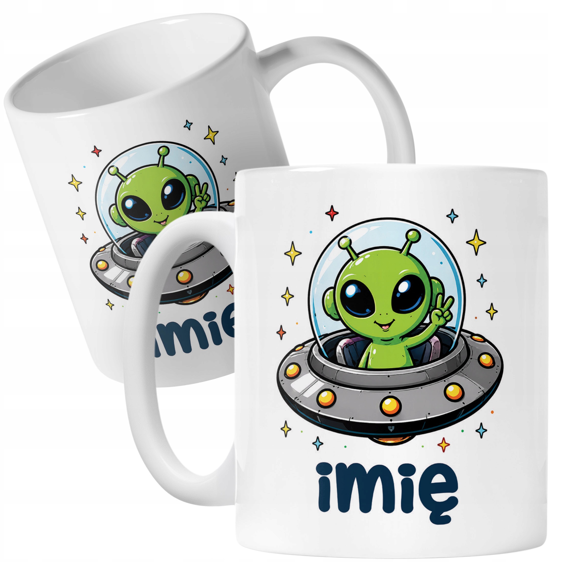 Biały Kubek z nadrukiem personalizowany Kosmita UFO Dla Dzieci Prezent