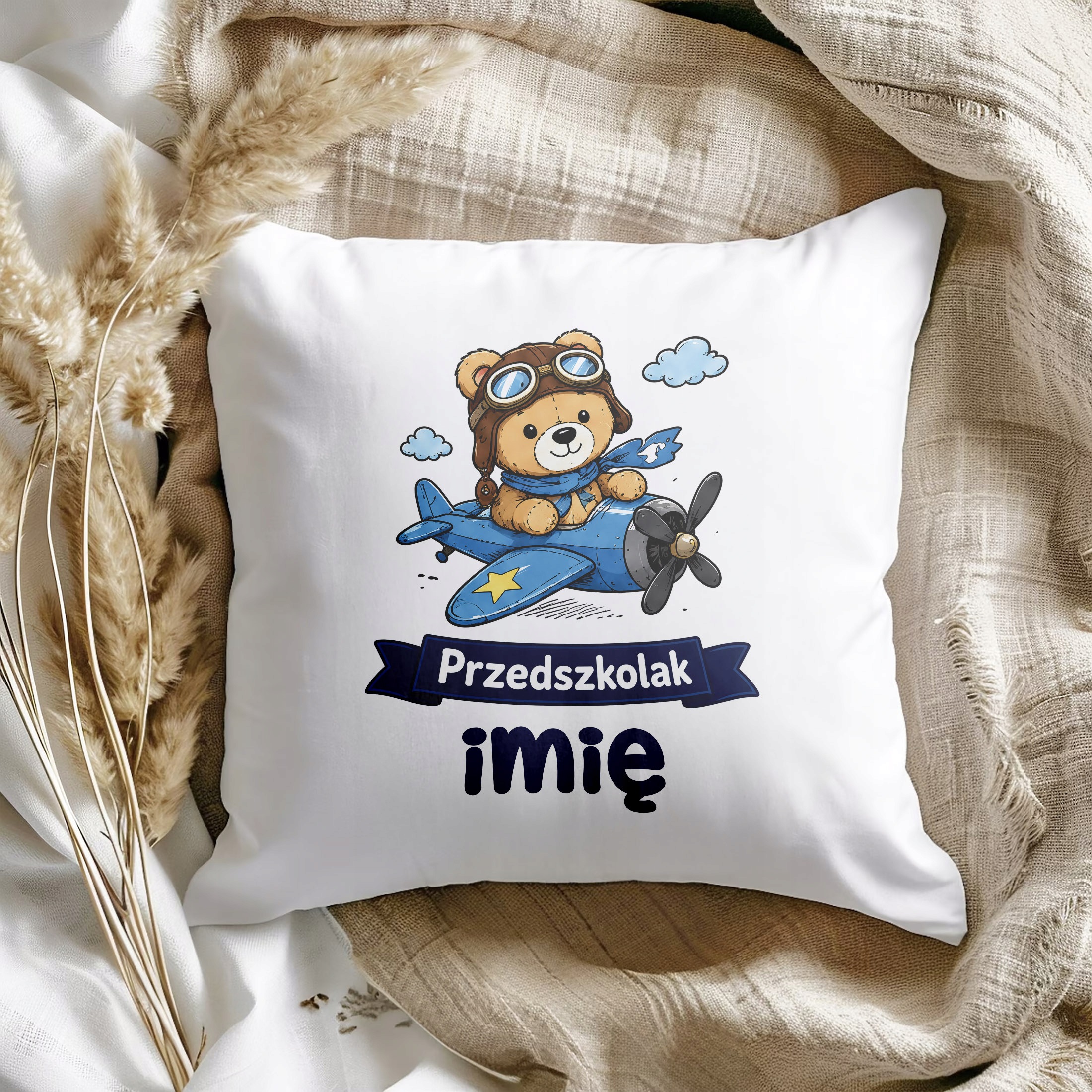 Zestaw Personalizowany Kubek Czarny Poduszka Przedszkolak Miś