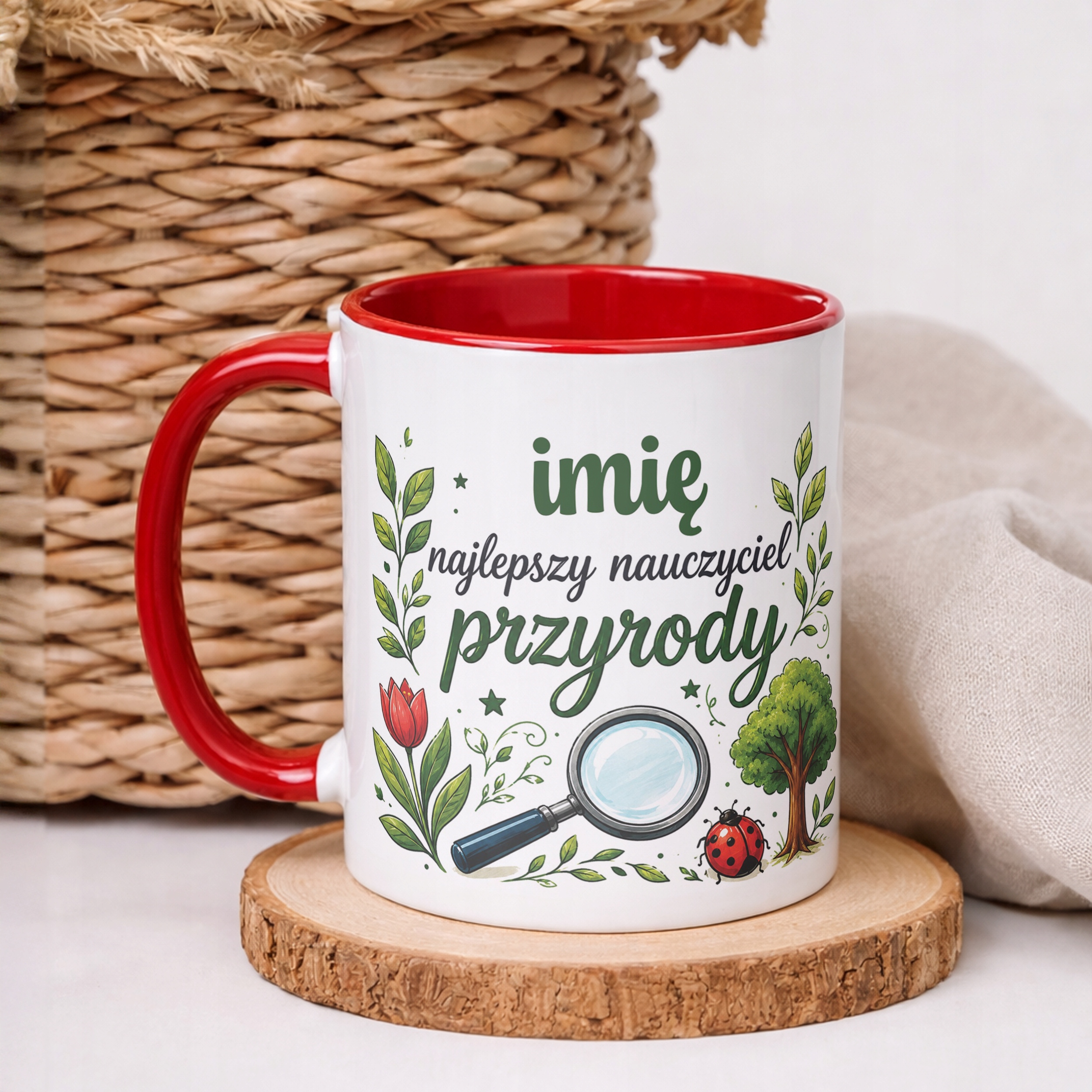 Kubek Czerwony z Imieniem Dzień Nauczyciela Przyroda Prezent