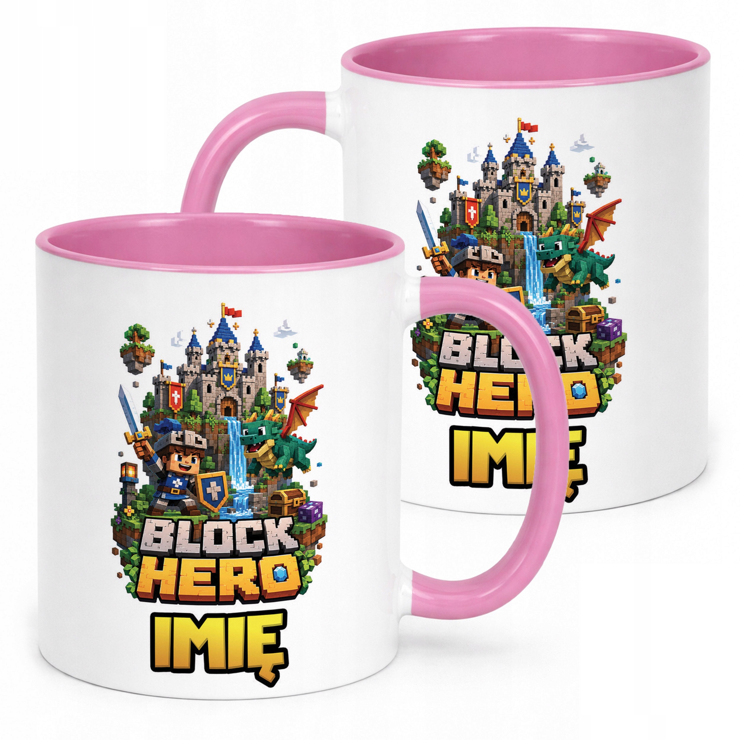 Kubek Różowy z nadrukiem personalizowany BLOCK HERO Gra Dla Dzieci Prezent