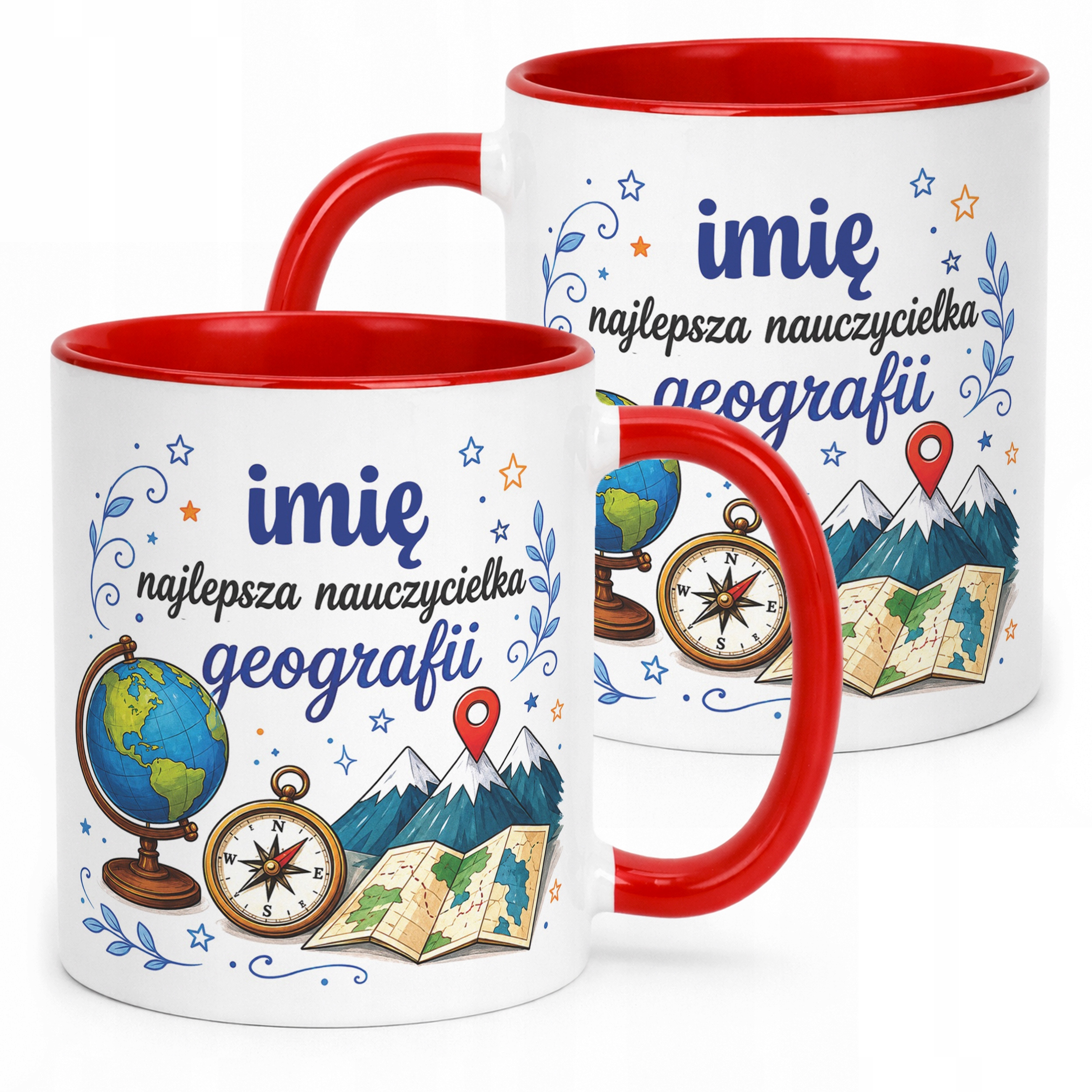 Kubek Czerwony z Imieniem Dzień Nauczyciela Geografia Prezent