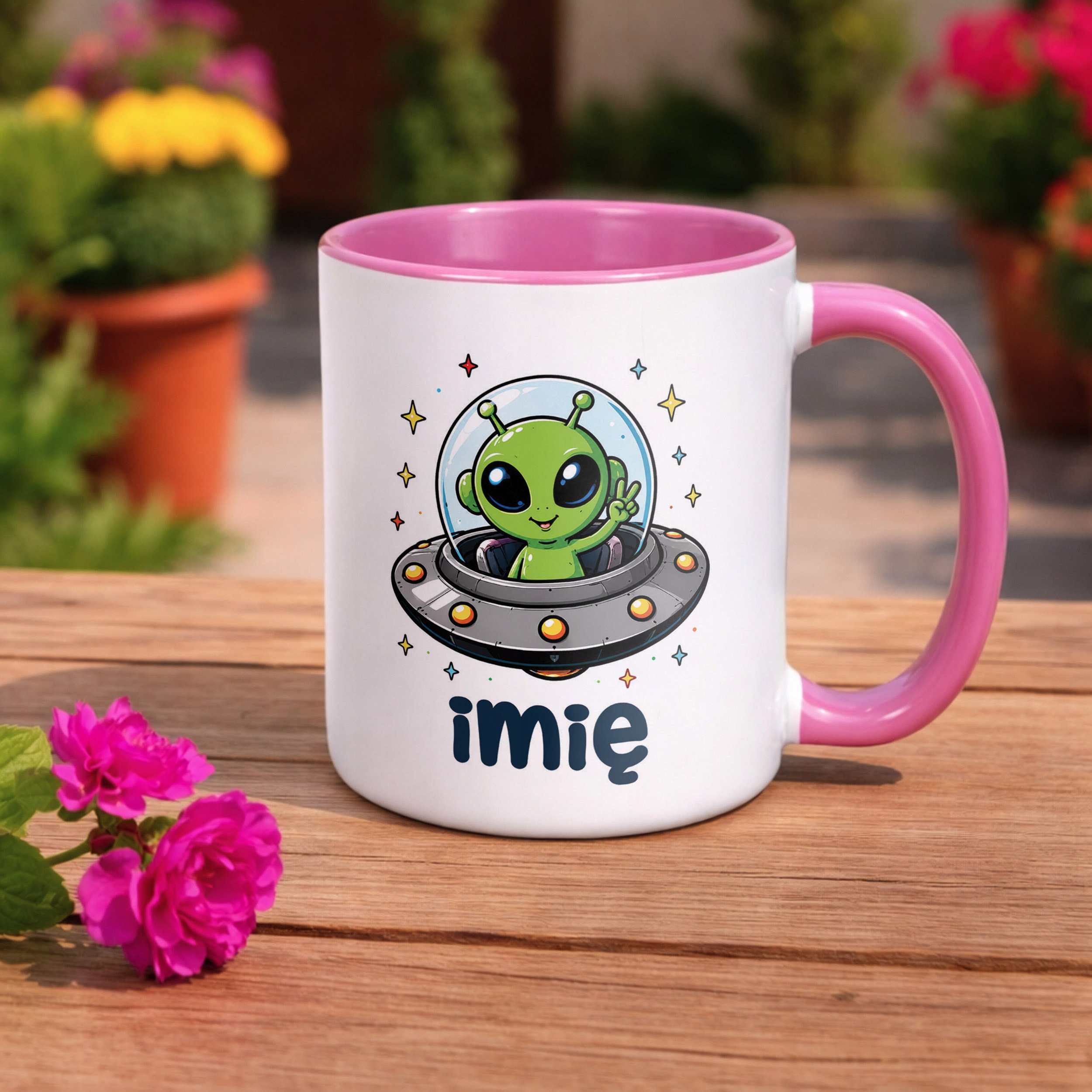 Zestaw Personalizowany Kubek Różowy Poduszka Kosmita UFO Prezent