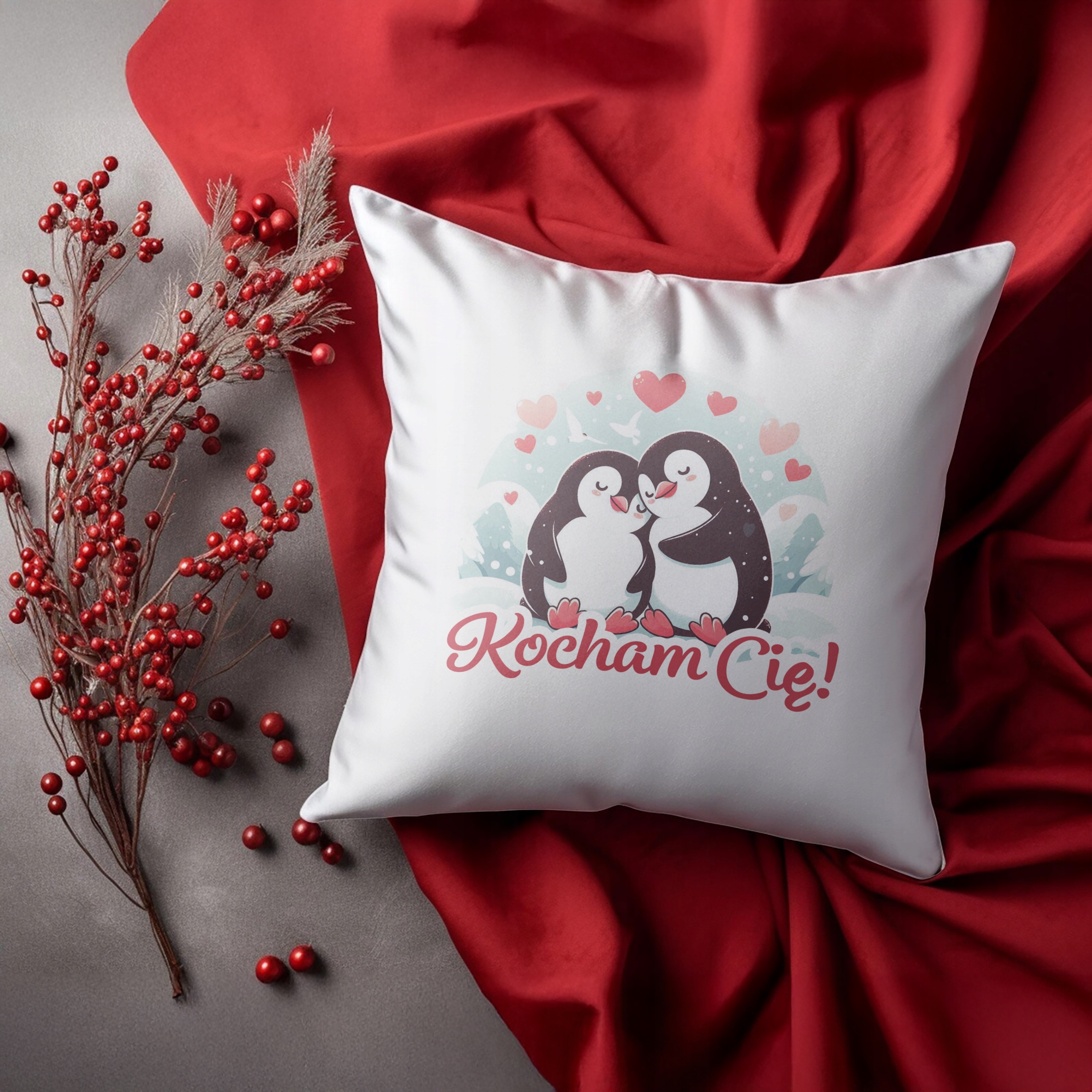 Zestaw Kubek + Poduszka 38×38 cm Walentynki Kocham Cię Pingwiny Prezent