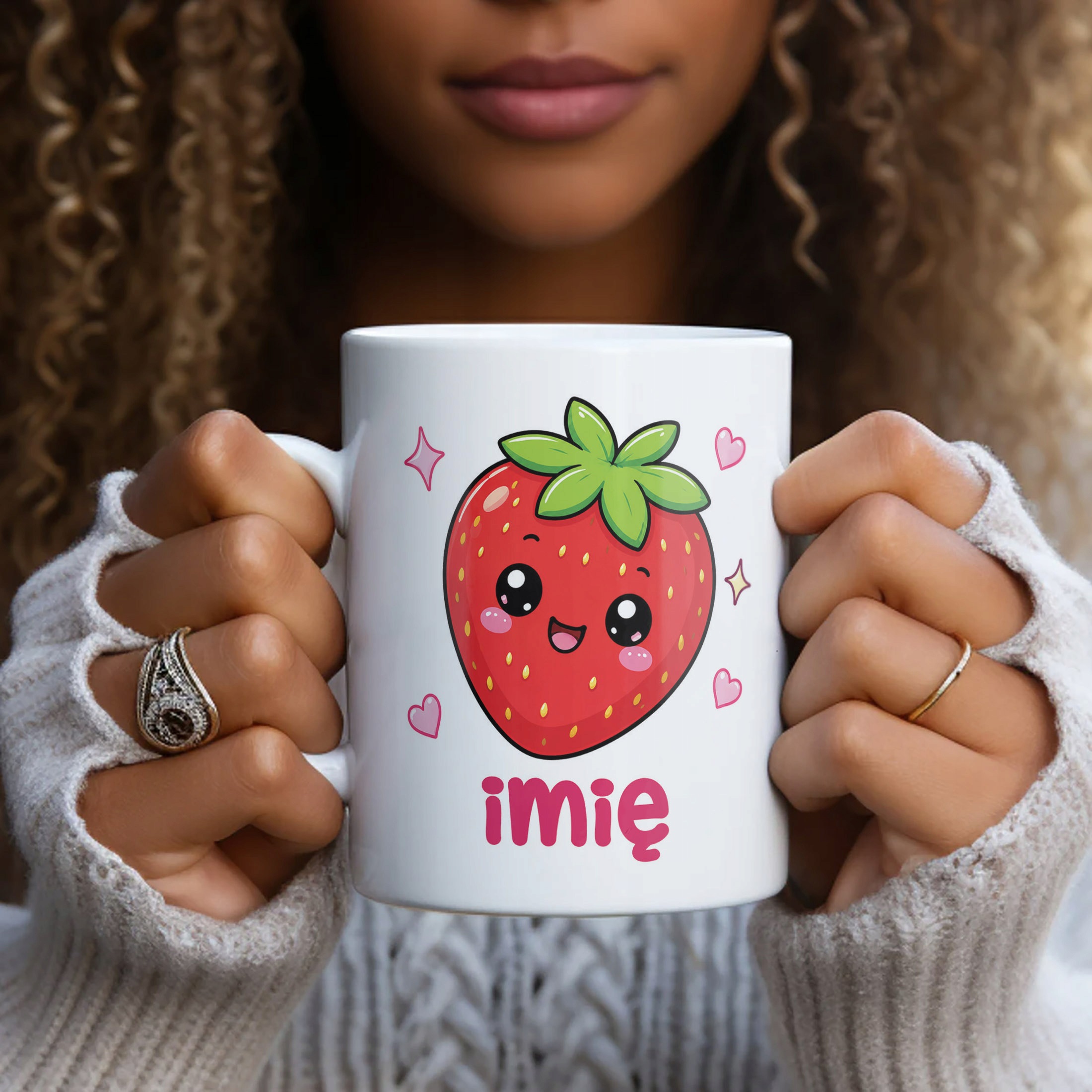 Biały Kubek z nadrukiem personalizowany Kawaii Truskawka Dla Dzieci