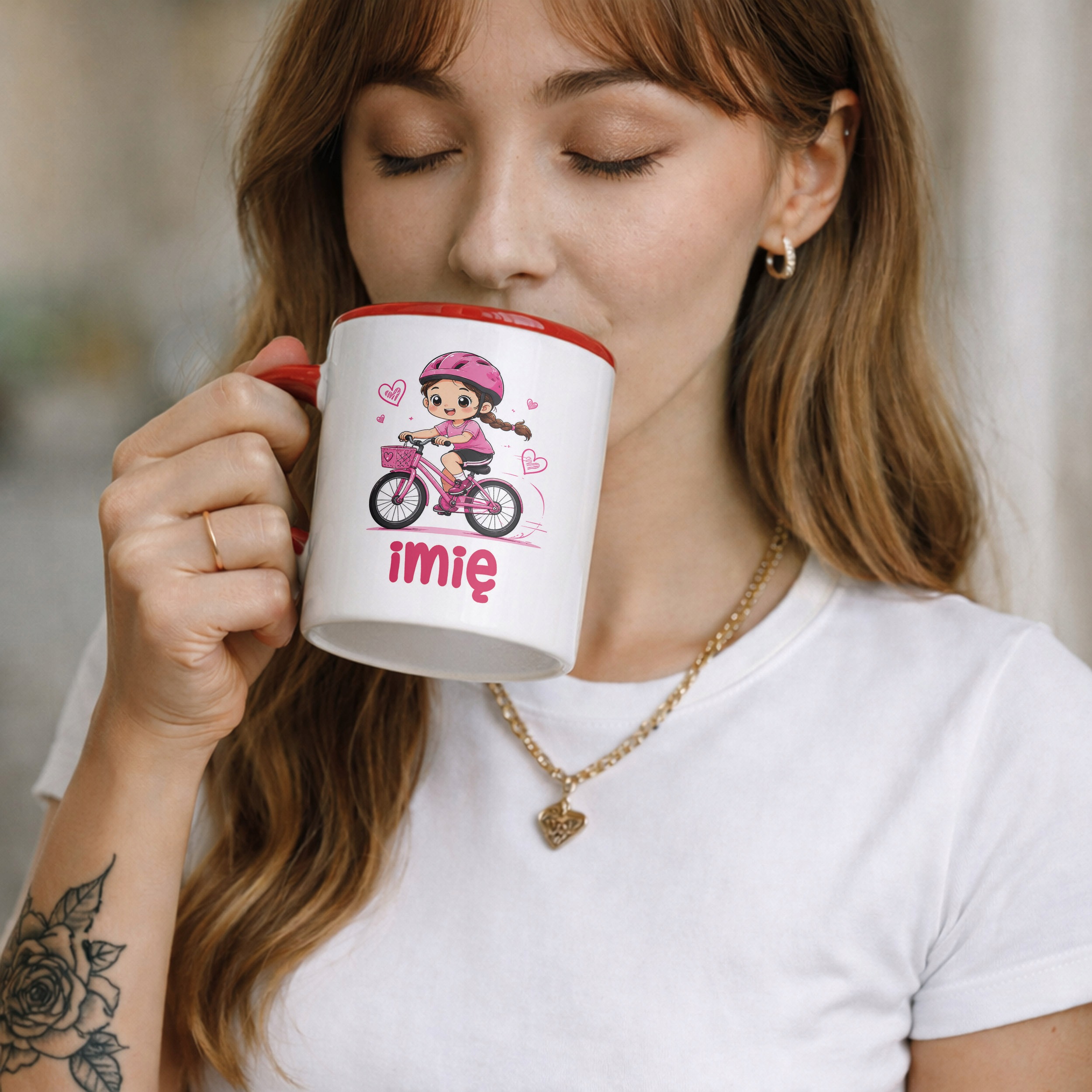 Kubek Czerwony z nadrukiem personalizowany Rower Dziewczynka Dla Dzieci