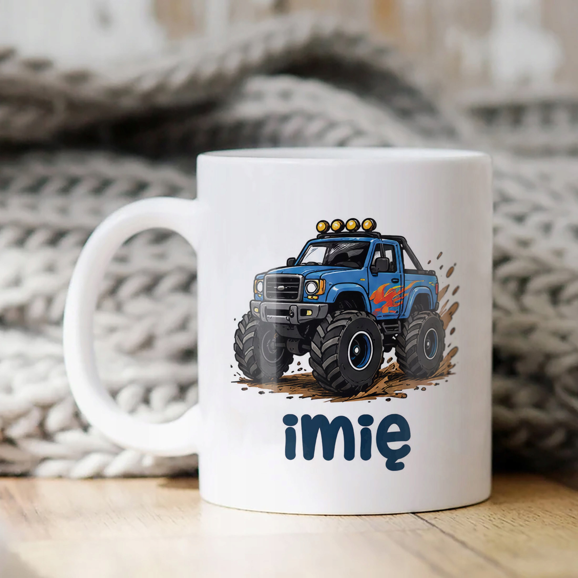 Biały Kubek z nadrukiem personalizowany Monster Truck Dla Dzieci Prezent