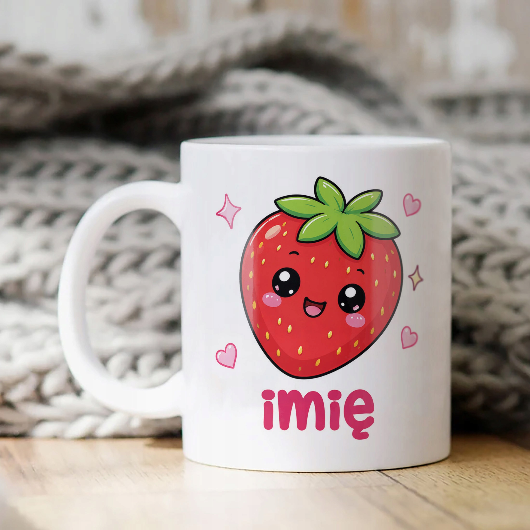 Biały Kubek z nadrukiem personalizowany Kawaii Truskawka Dla Dzieci