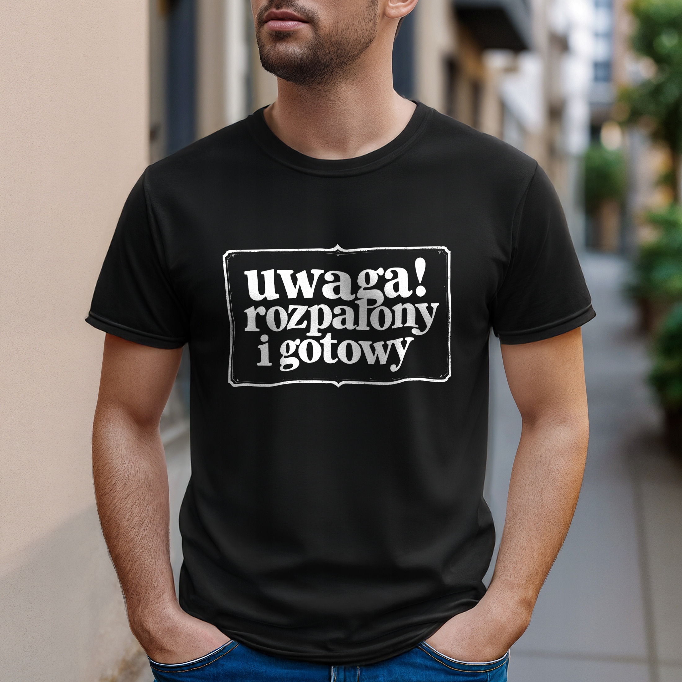 Koszulka czarna męska Uwaga Rozpalony I Gotowy Zabawny Prezent r. 3XL