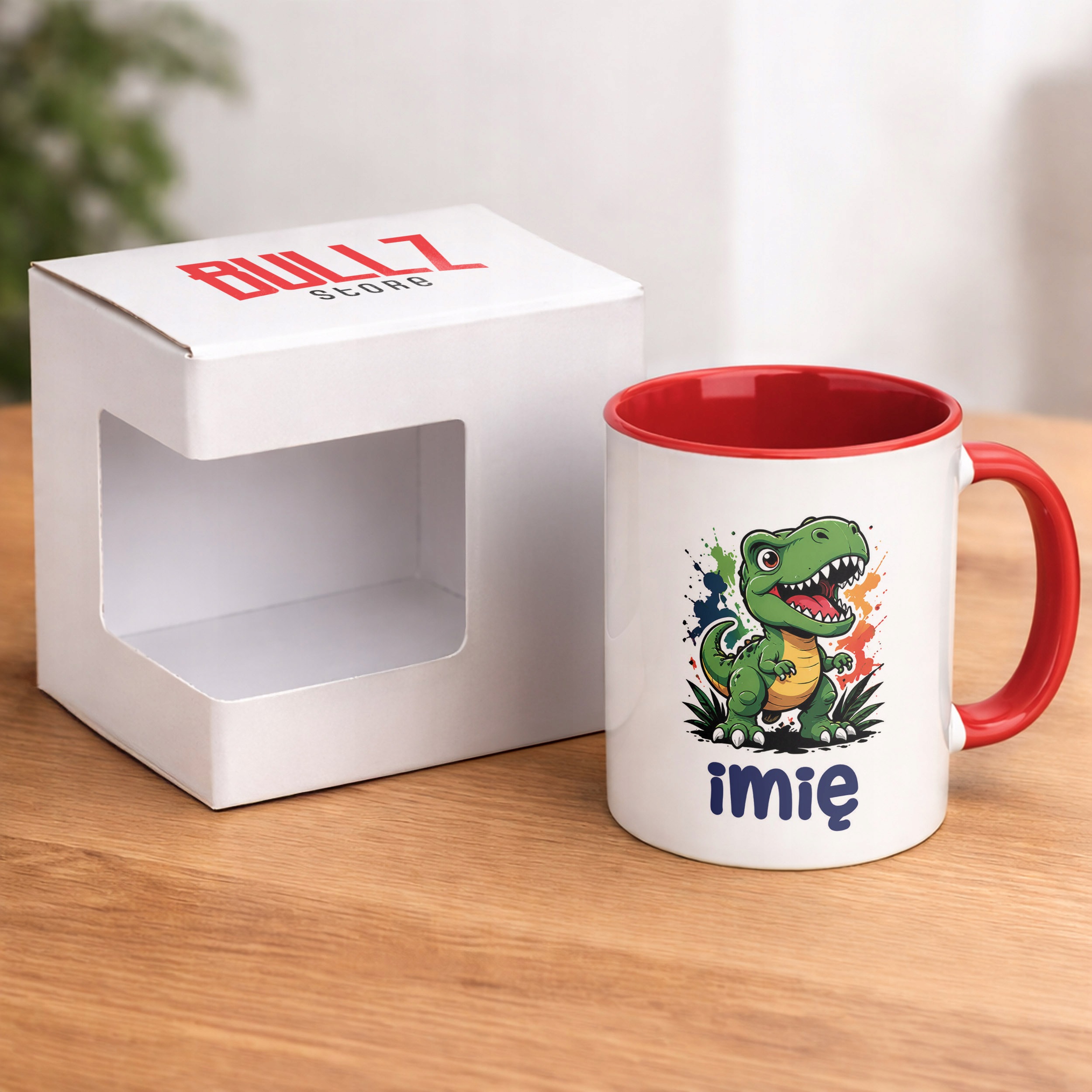 Zestaw Personalizowany Kubek Czerwony Poduszka T-rex Prezent