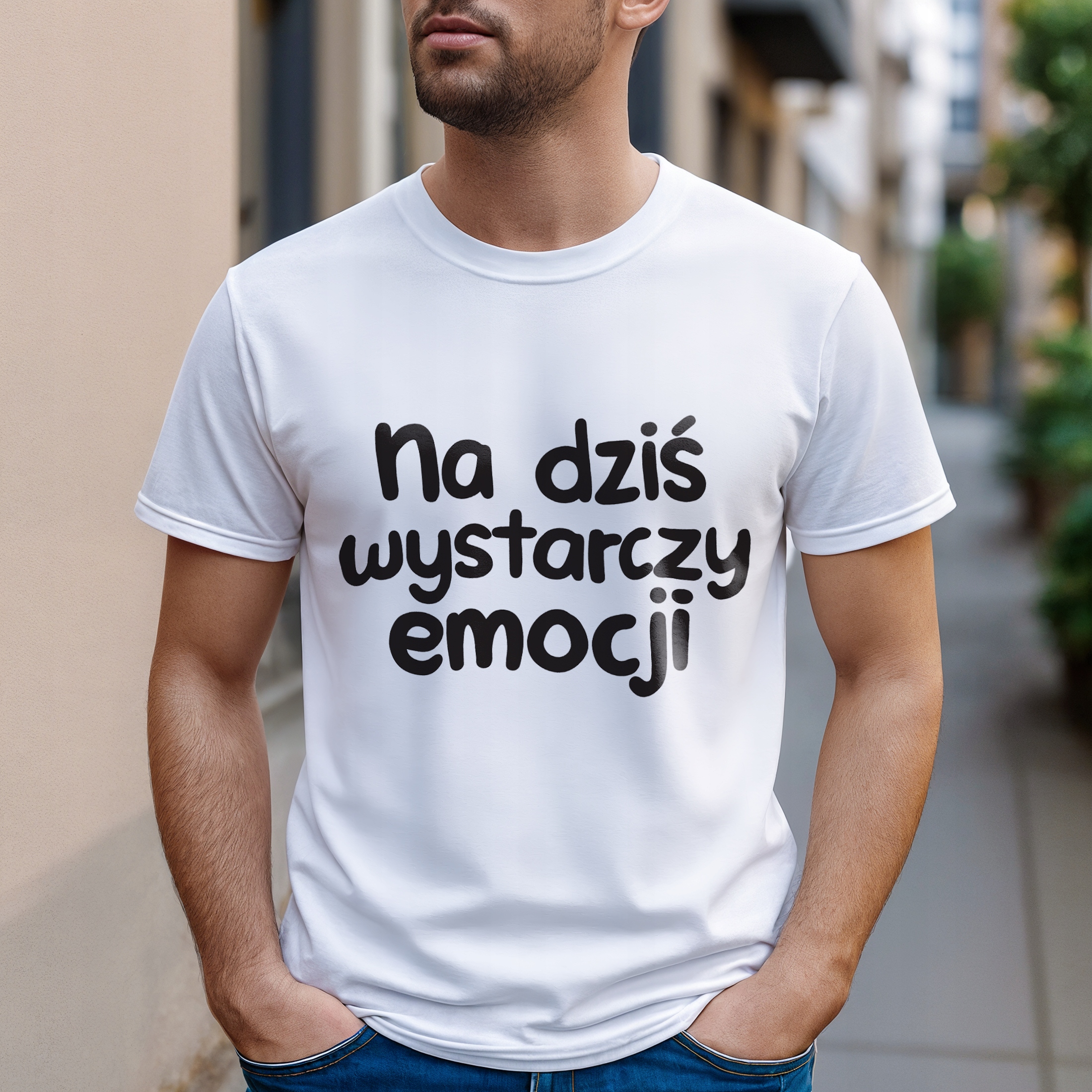 Koszulka biała męska Na Dziś Wystarczy Emocji Zabawny Prezent r. 3XL