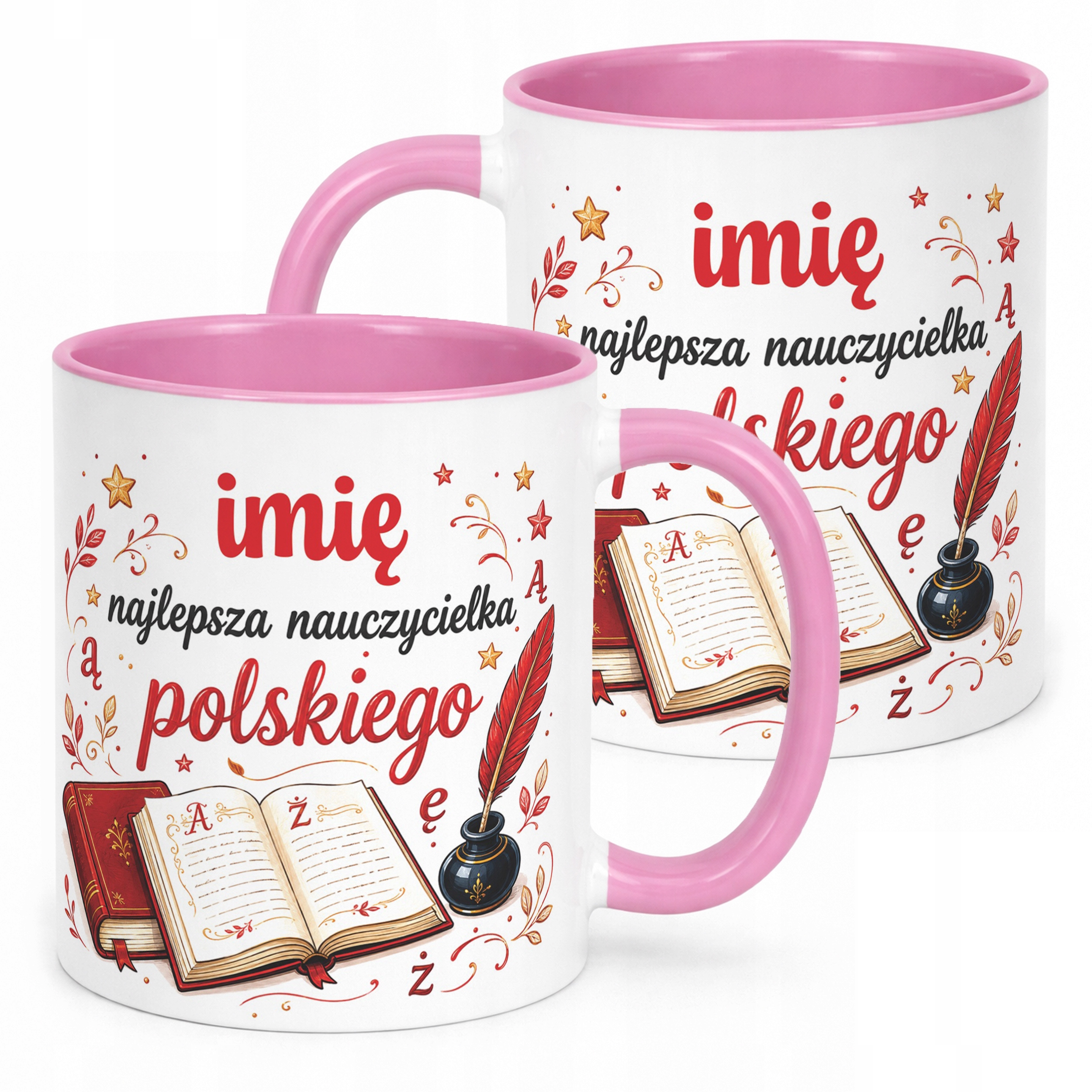 Kubek Różowy z Imieniem Dzień Nauczyciela Język Polski Prezent