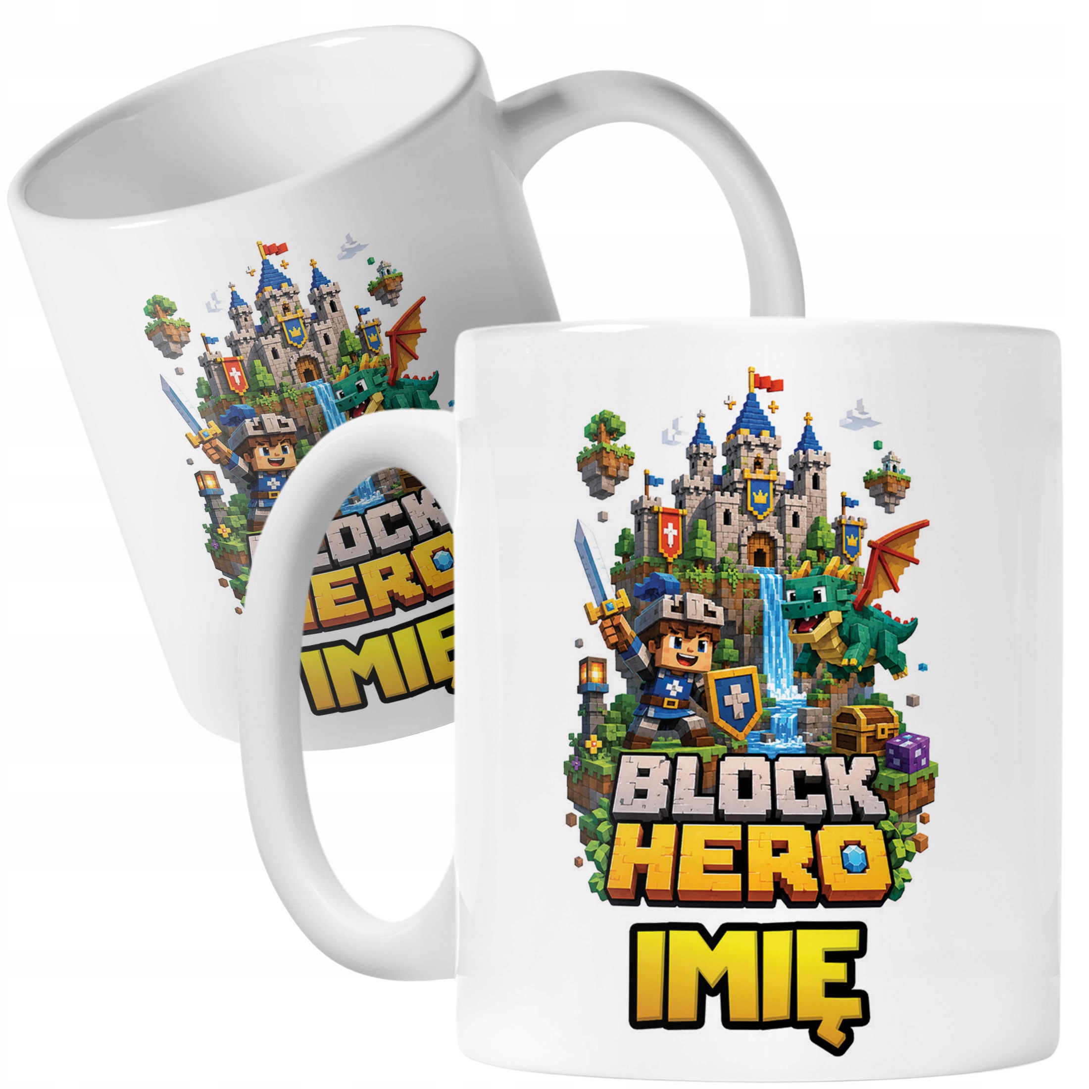 Biały Kubek z nadrukiem personalizowany BLOCK HERO Gra Dla Dzieci Prezent