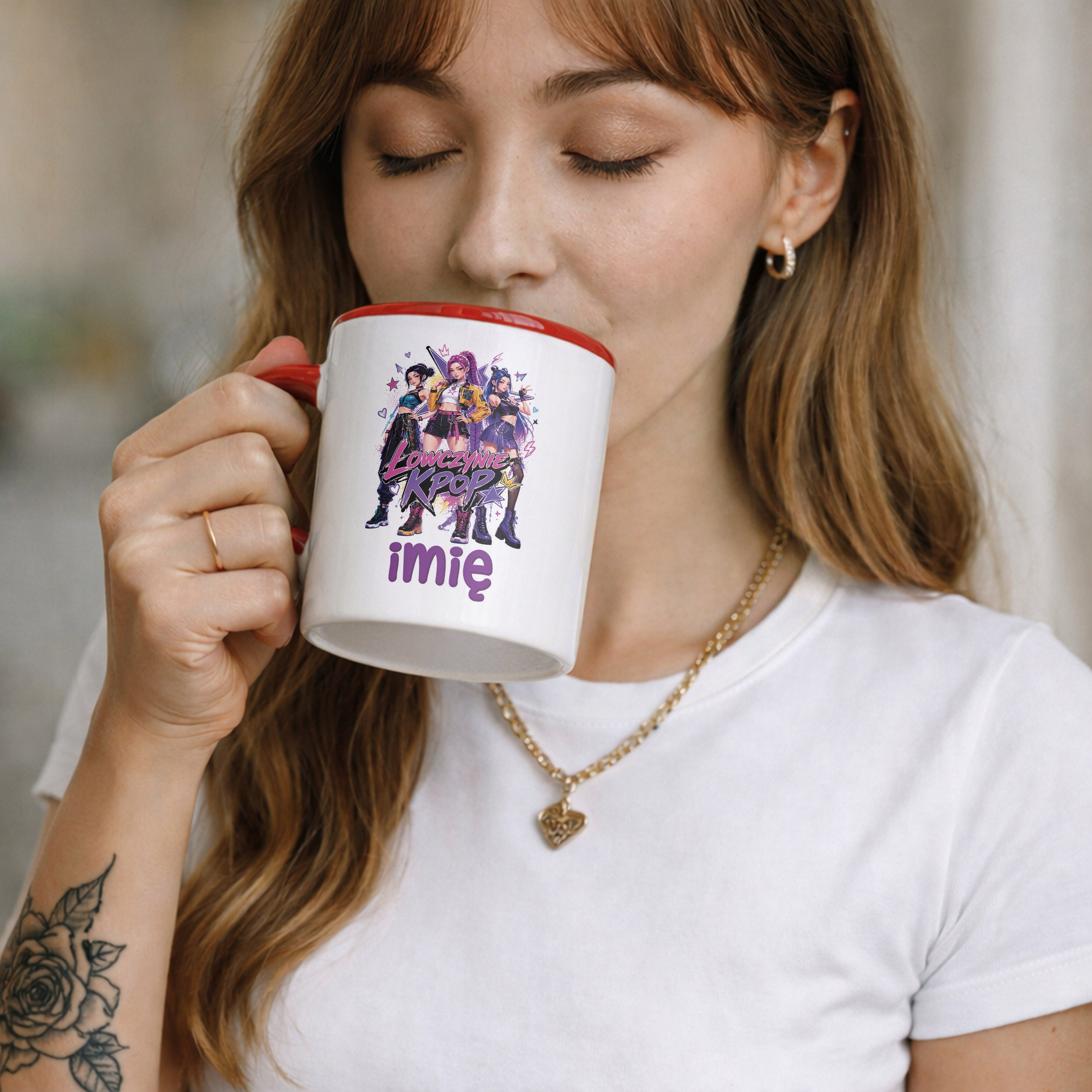 Zestaw Personalizowany Kubek Czerwony Poduszka Łowczynie Kpop Prezent