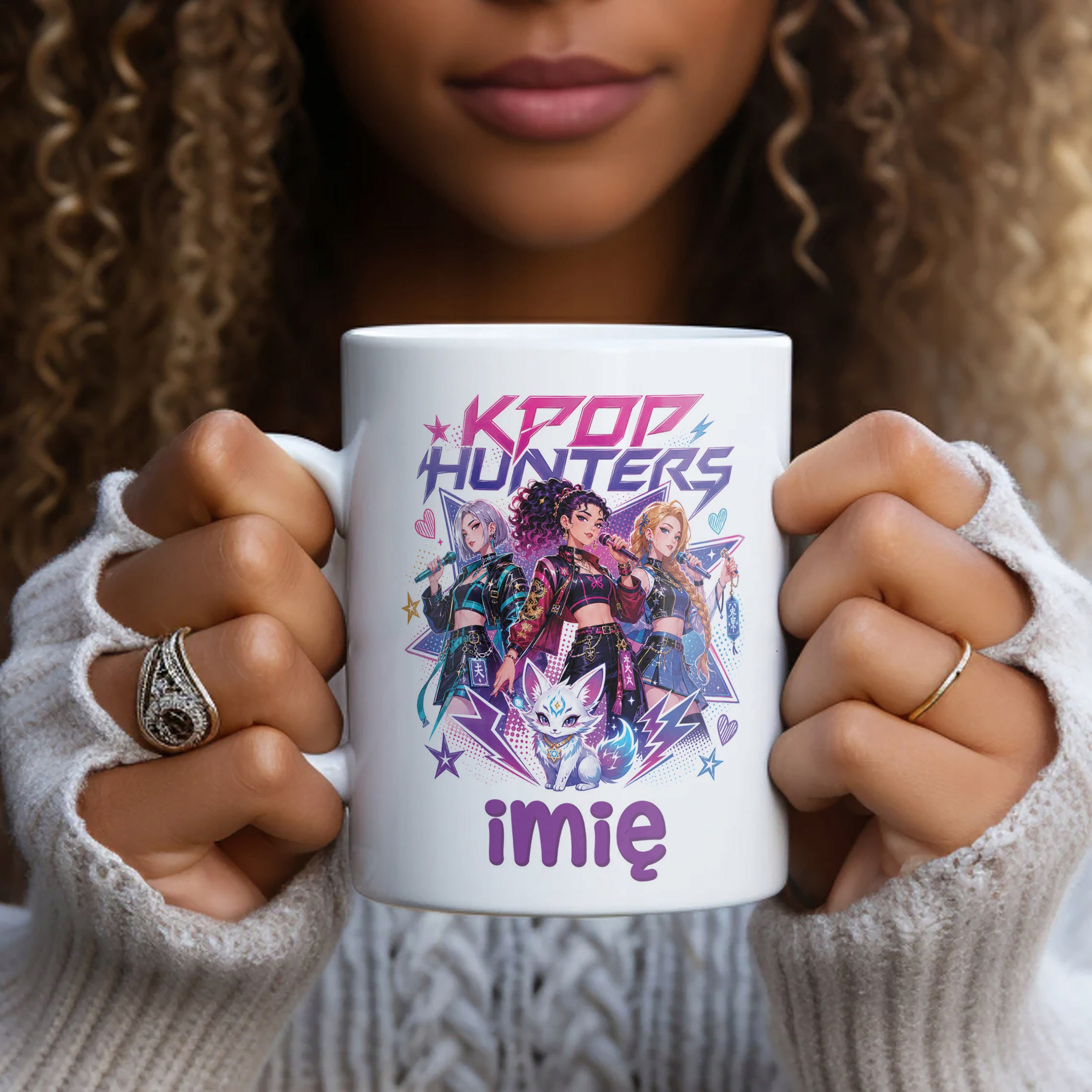 Biały Kubek z nadrukiem personalizowany ŁOWCZYNIE KPOP Dla Dzieci Prezent