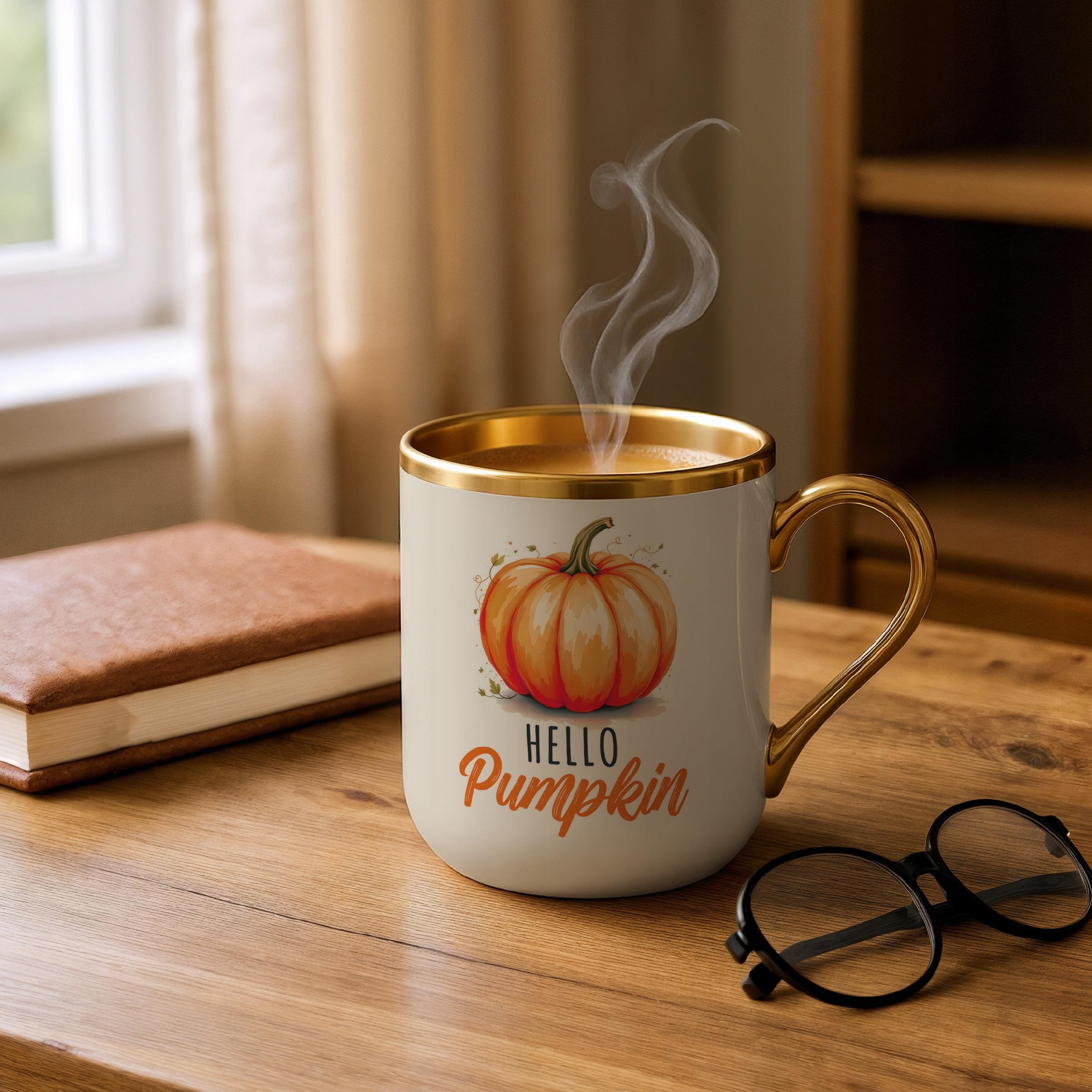 Kubek Premium Złoty Ecru Jesienny Jesień Hello Pumpkin Dynia Prezent