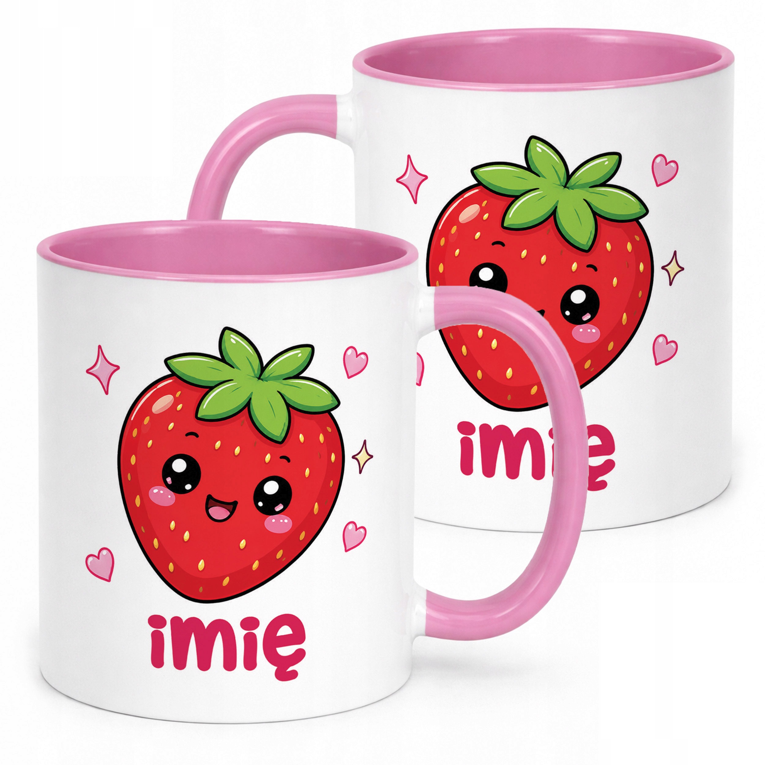 Kubek Różowy z nadrukiem personalizowany Kawaii Truskawka Dla Dzieci