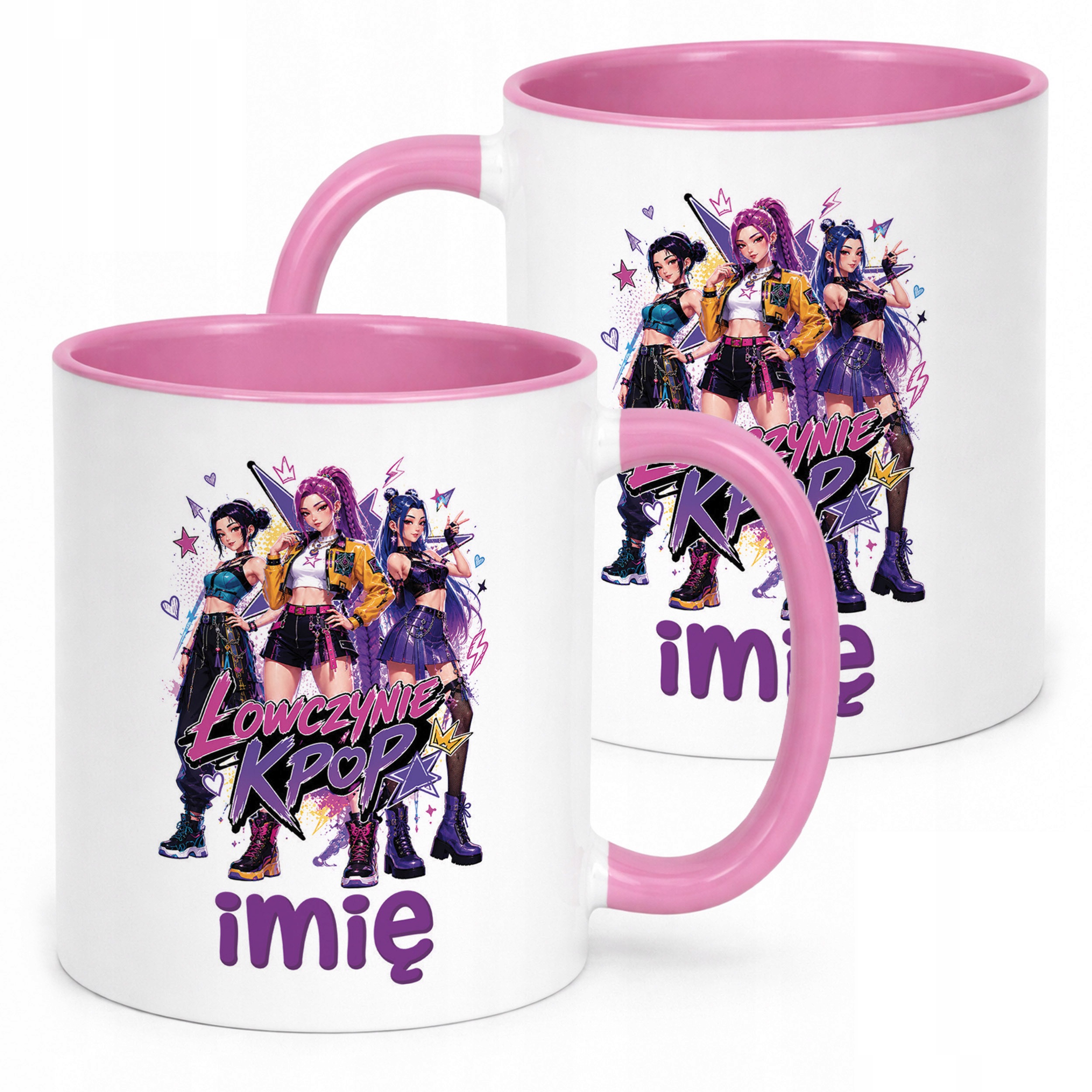 Kubek Różowy z nadrukiem personalizowany ŁOWCZYNIE KPOP Dla Dzieci Prezent