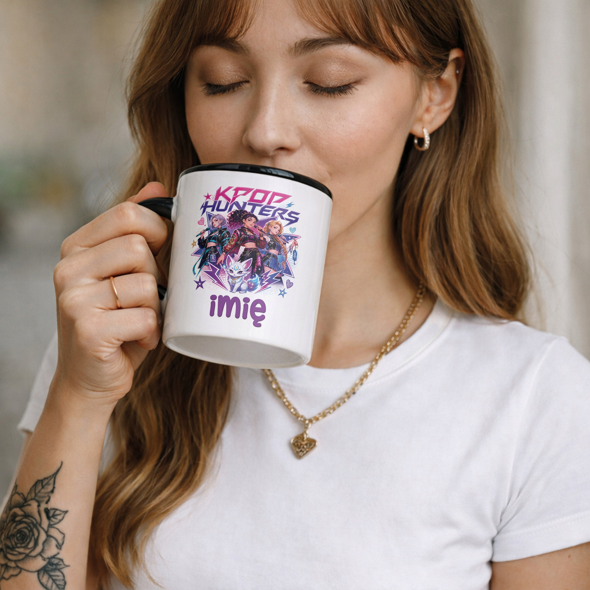 Zestaw Personalizowany Kubek Czarny Poduszka Łowczynie Kpop Prezent