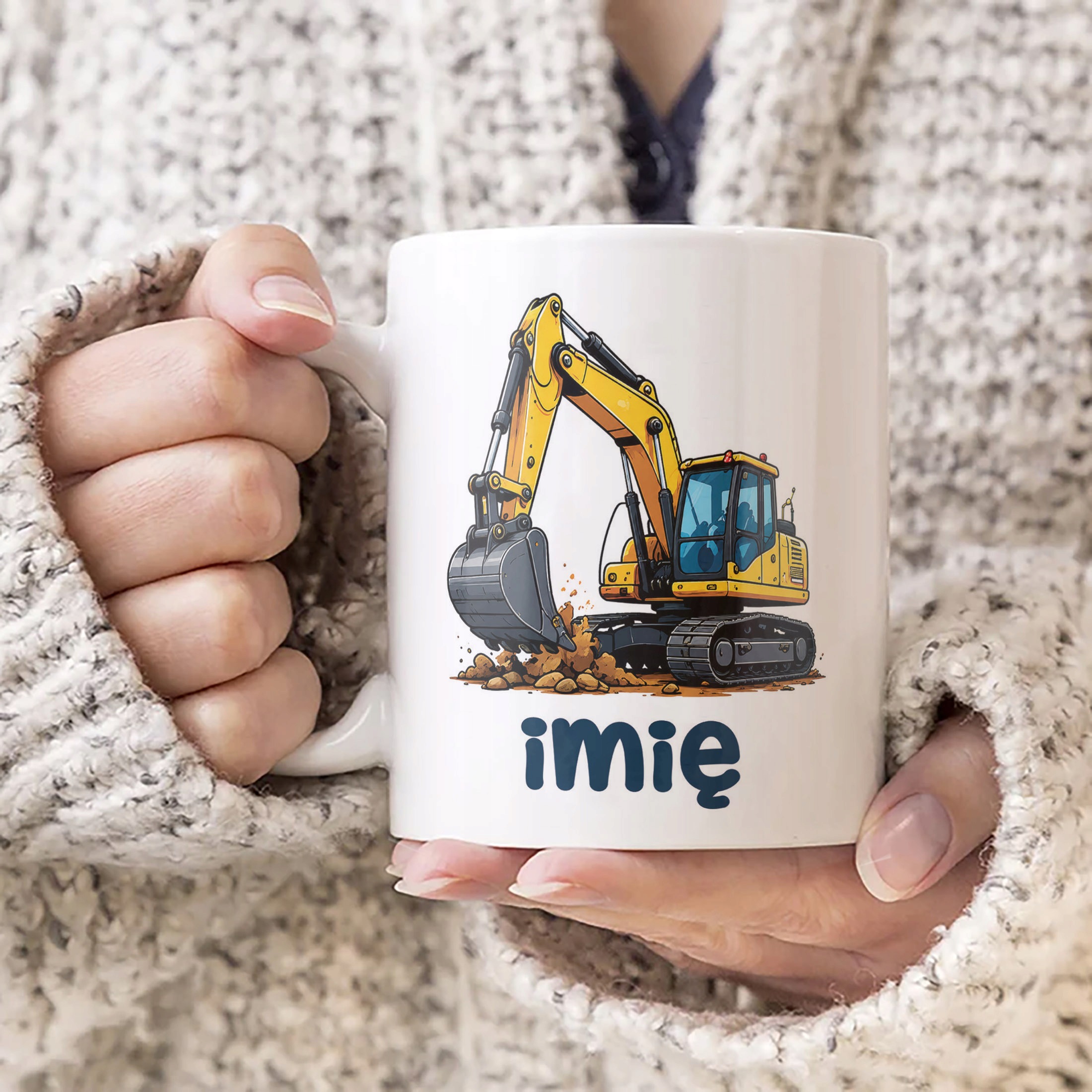 Biały Kubek z nadrukiem personalizowany Koparka Dla Dzieci Prezent