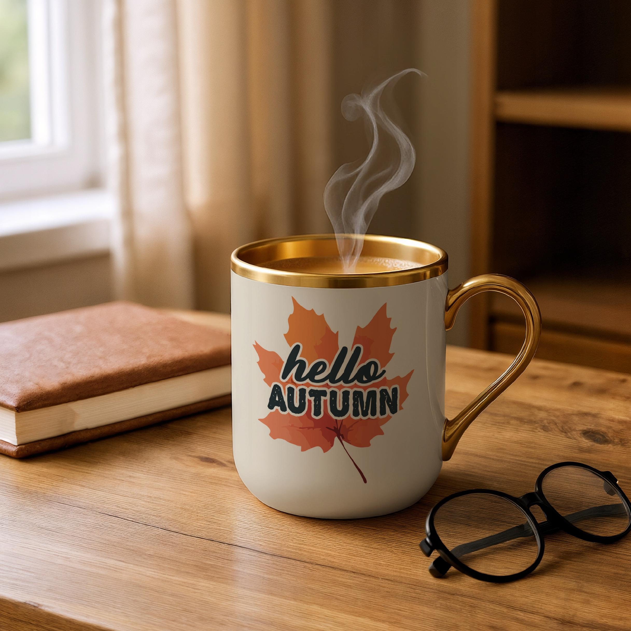 Kubek Premium Złoty Ecru Jesienny Jesień Hello Autumn Liść Prezent