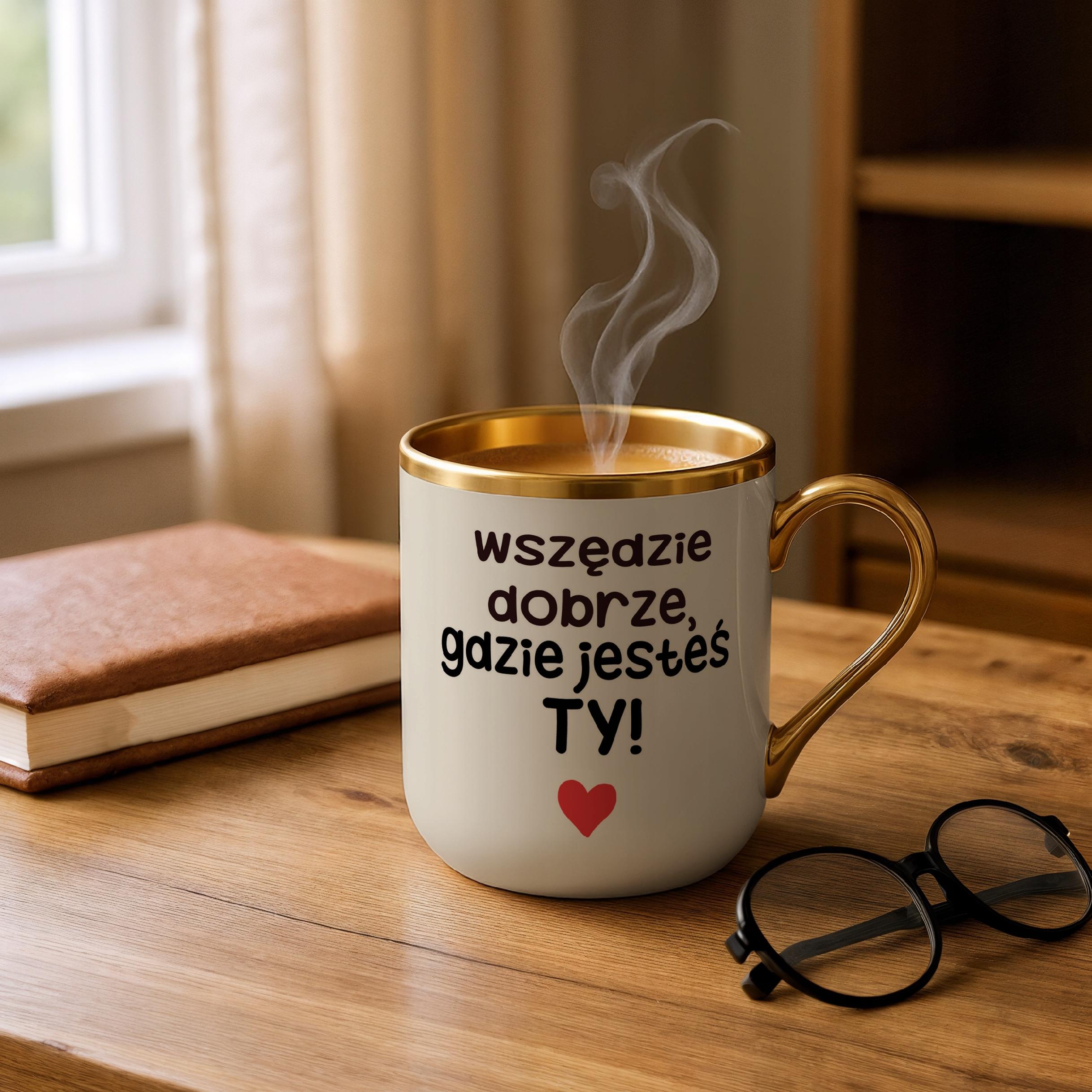 Kubek Premium Złoty Ecru Personalizowany Na Walentynki Kocham Cię