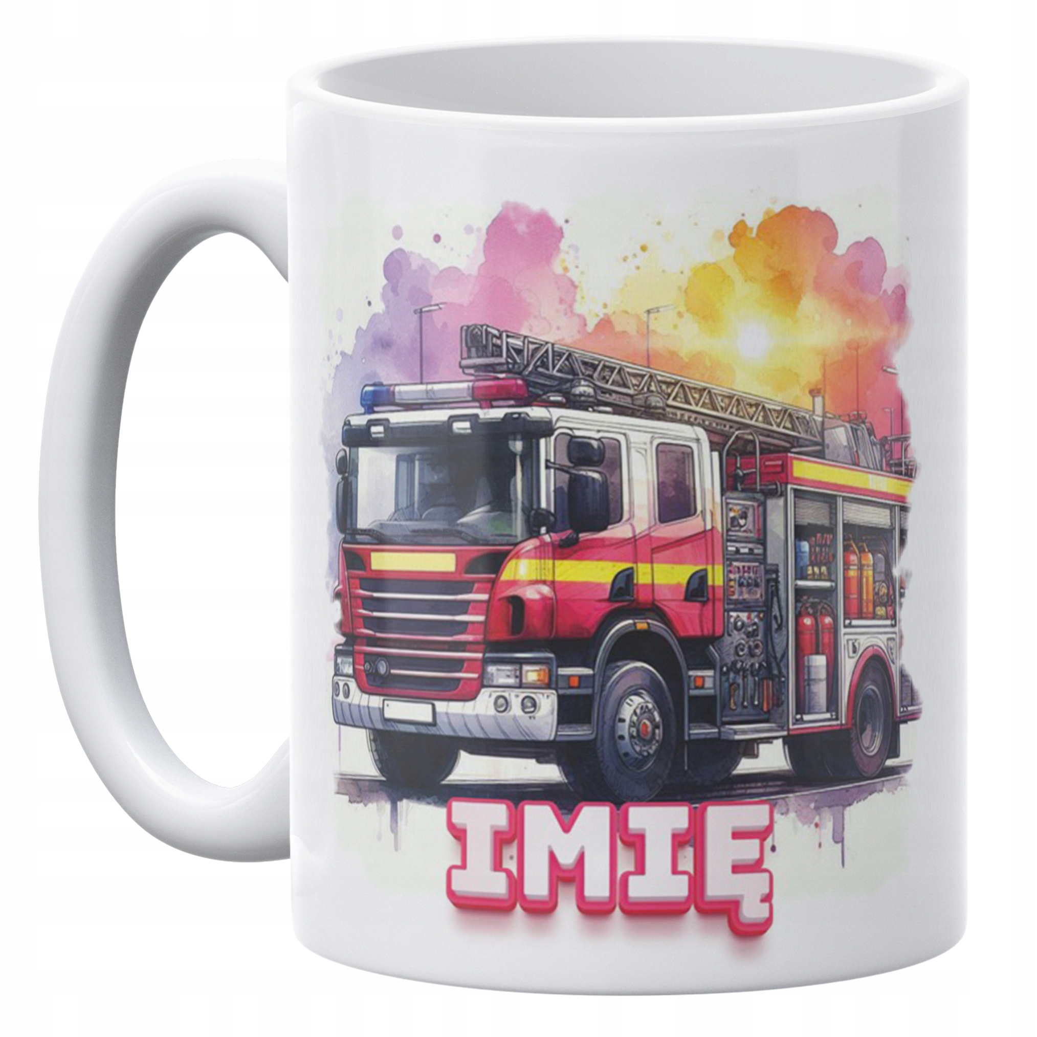 Zestaw Personalizowany Kubek + Poduszka 38×38 cm Dla Strażaka Wóz Strażacki