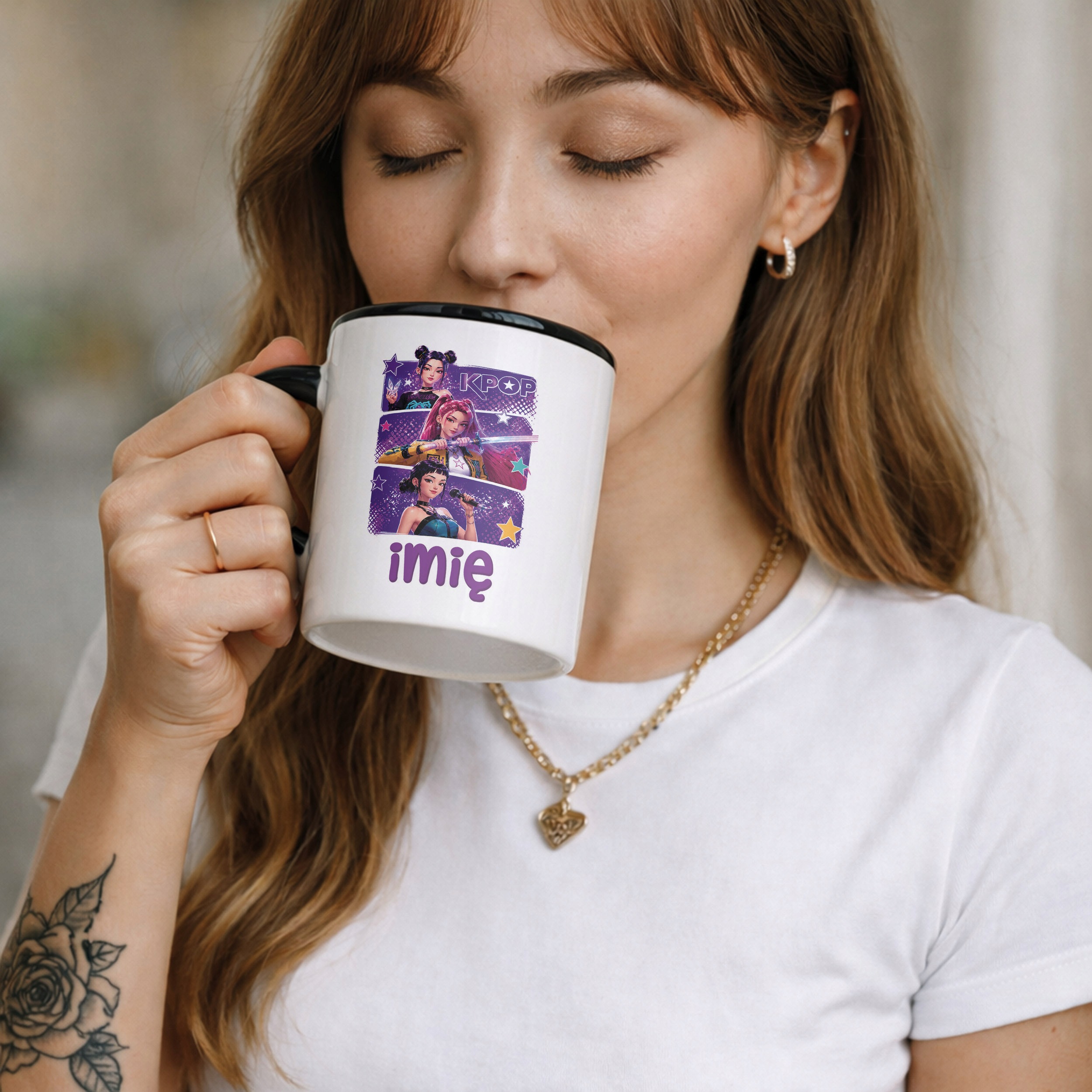 Zestaw Personalizowany Kubek Czarny Poduszka Łowczynie Kpop Prezent