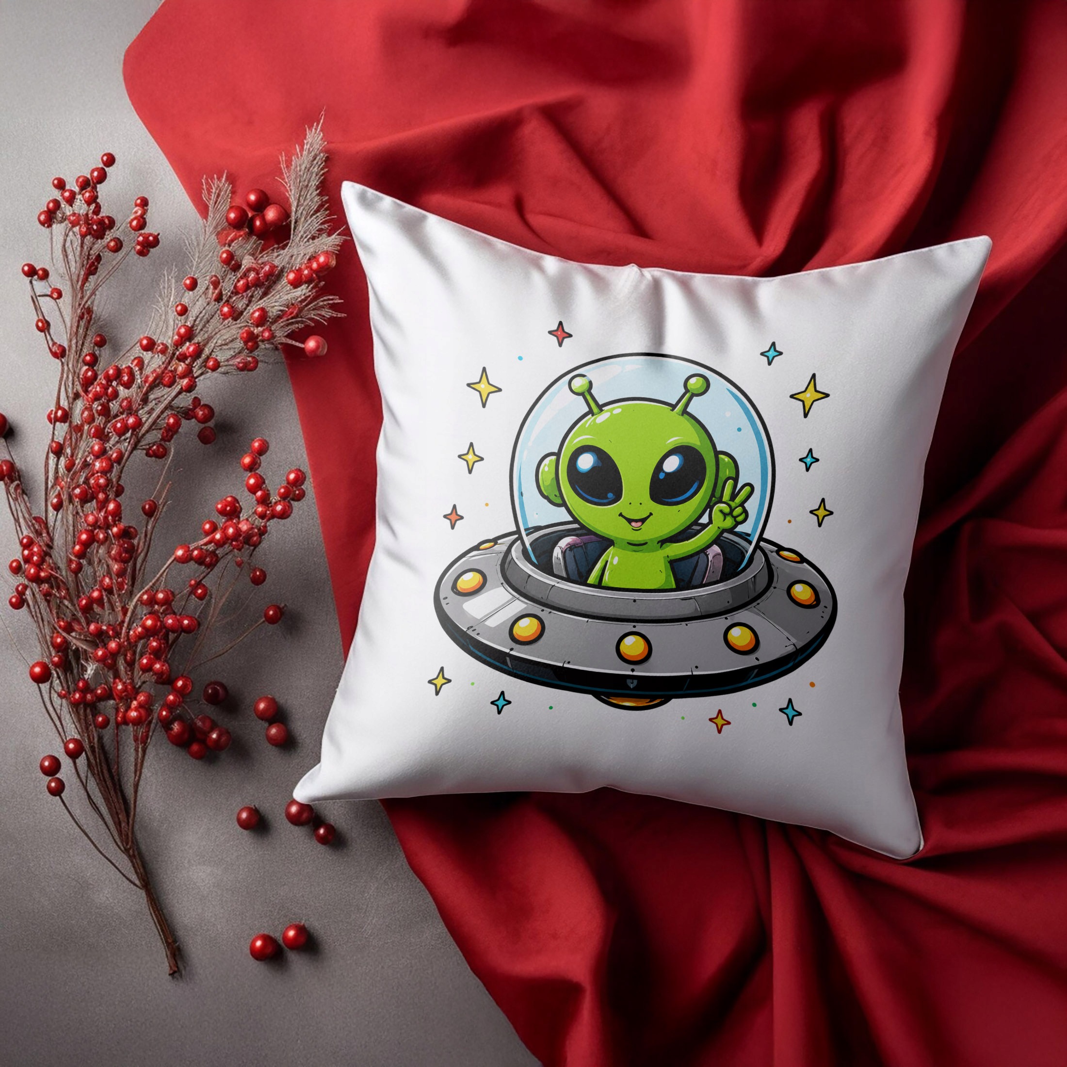 Zestaw Kubek Czarny Poduszka Z Nadrukiem Kosmita UFO Prezent